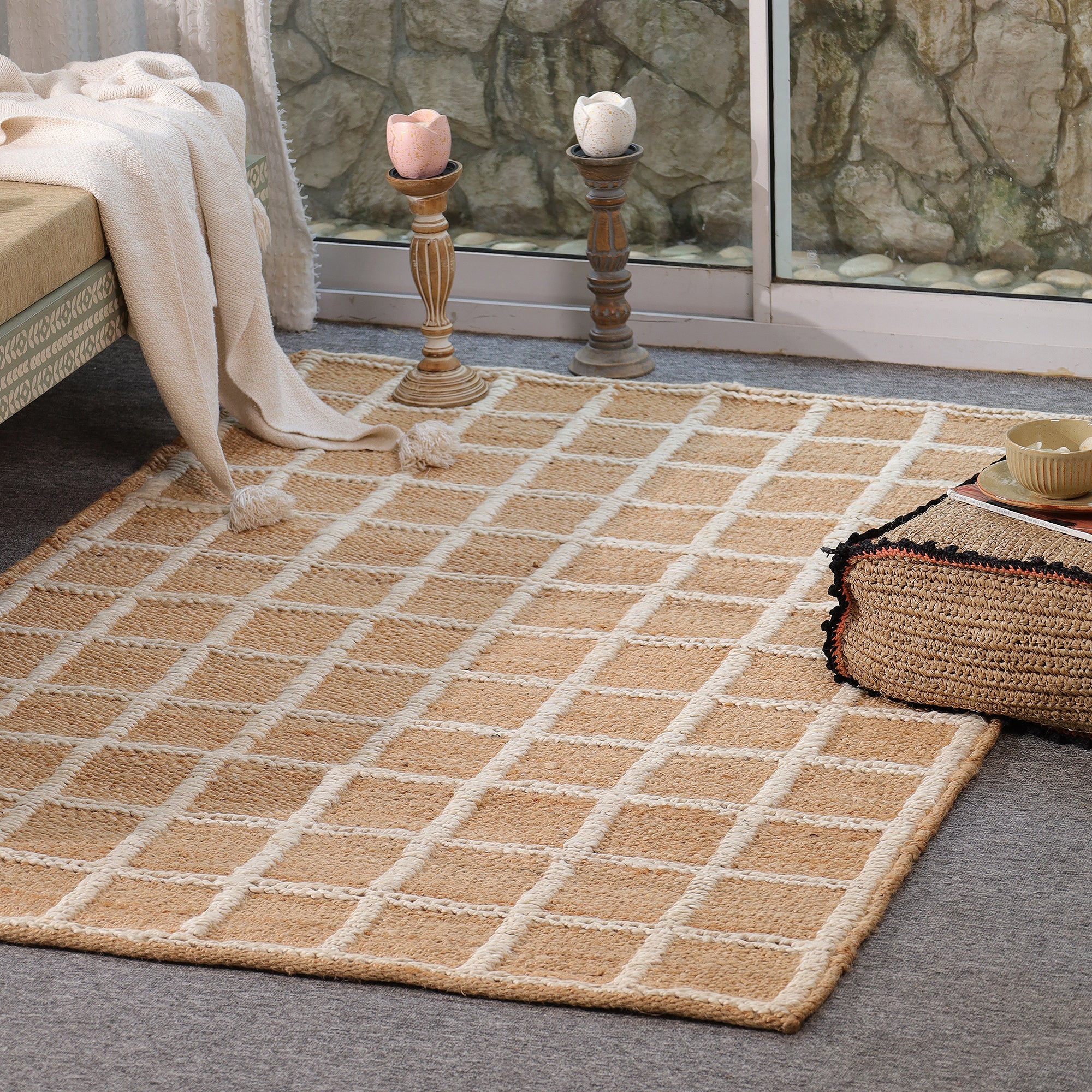 Handwoven Geometric Jute & Cotton Area Rug | Natural Beige & Ivory Grid Pattern Rug