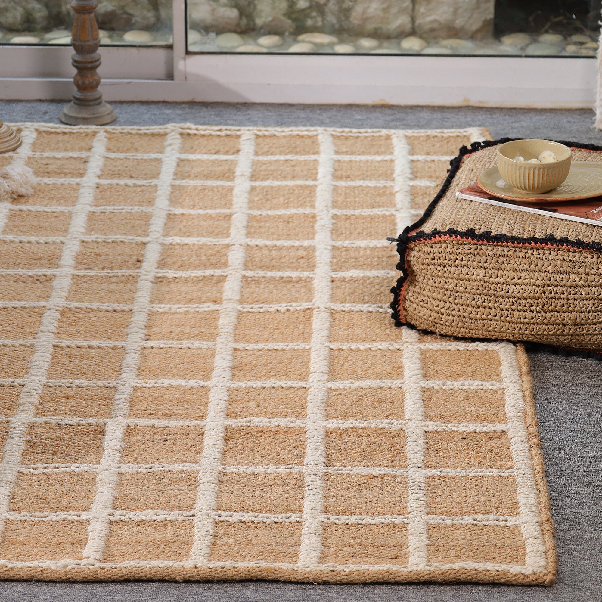 Handwoven Geometric Jute & Cotton Area Rug | Natural Beige & Ivory Grid Pattern Rug