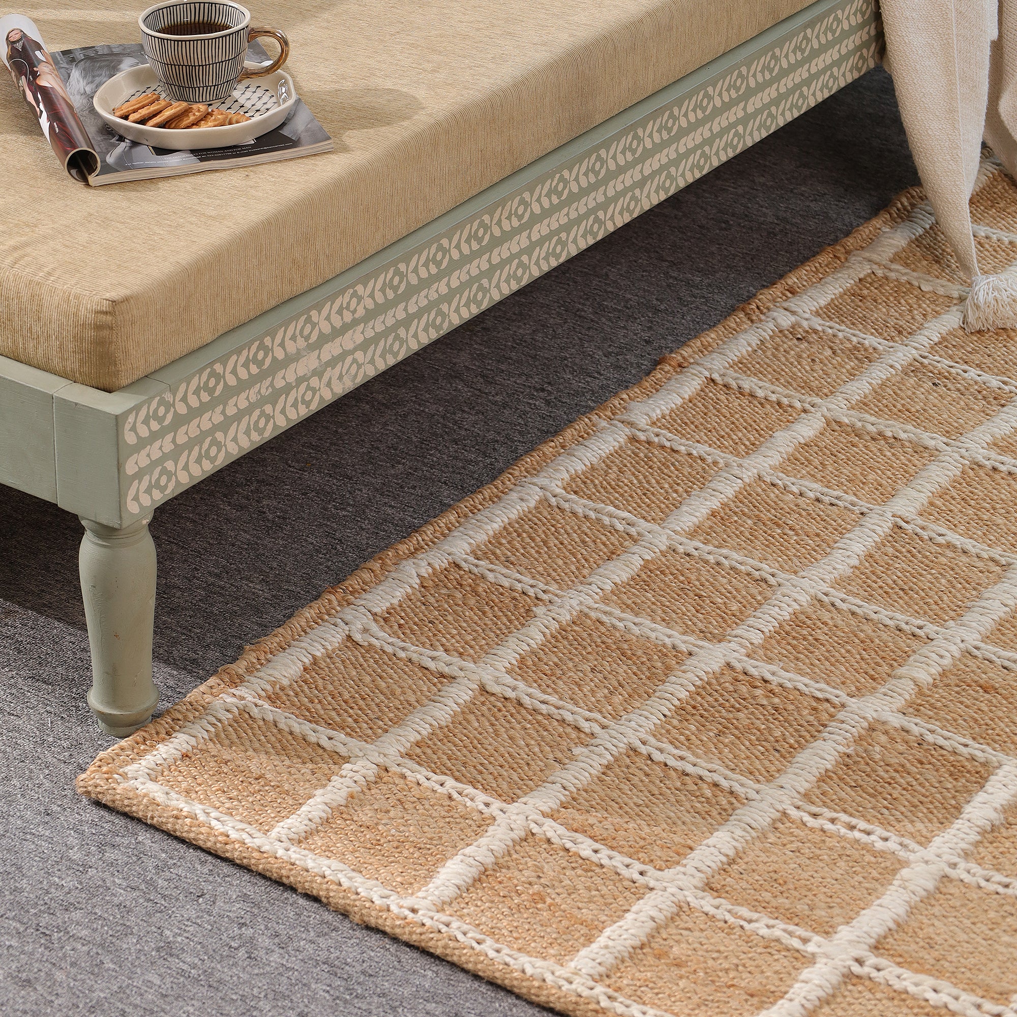Handwoven Geometric Jute & Cotton Area Rug | Natural Beige & Ivory Grid Pattern Rug