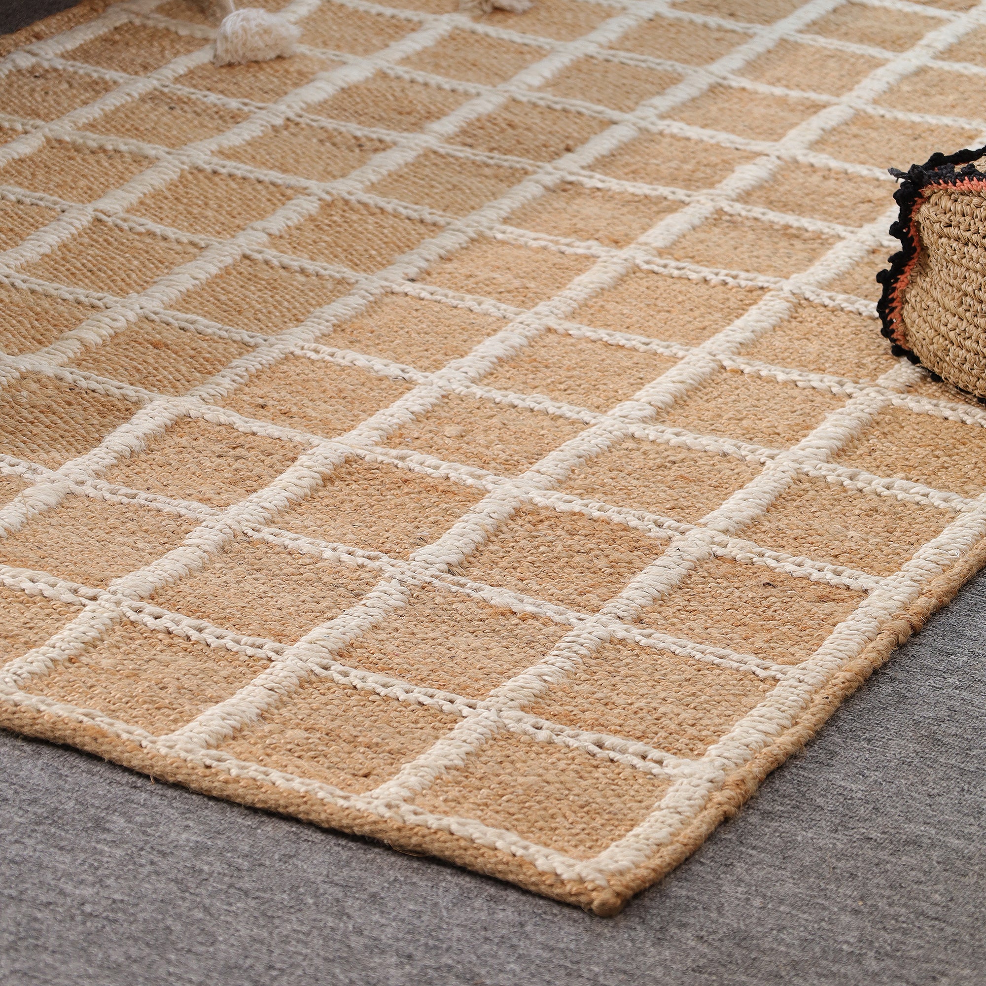 Handwoven Geometric Jute & Cotton Area Rug | Natural Beige & Ivory Grid Pattern Rug