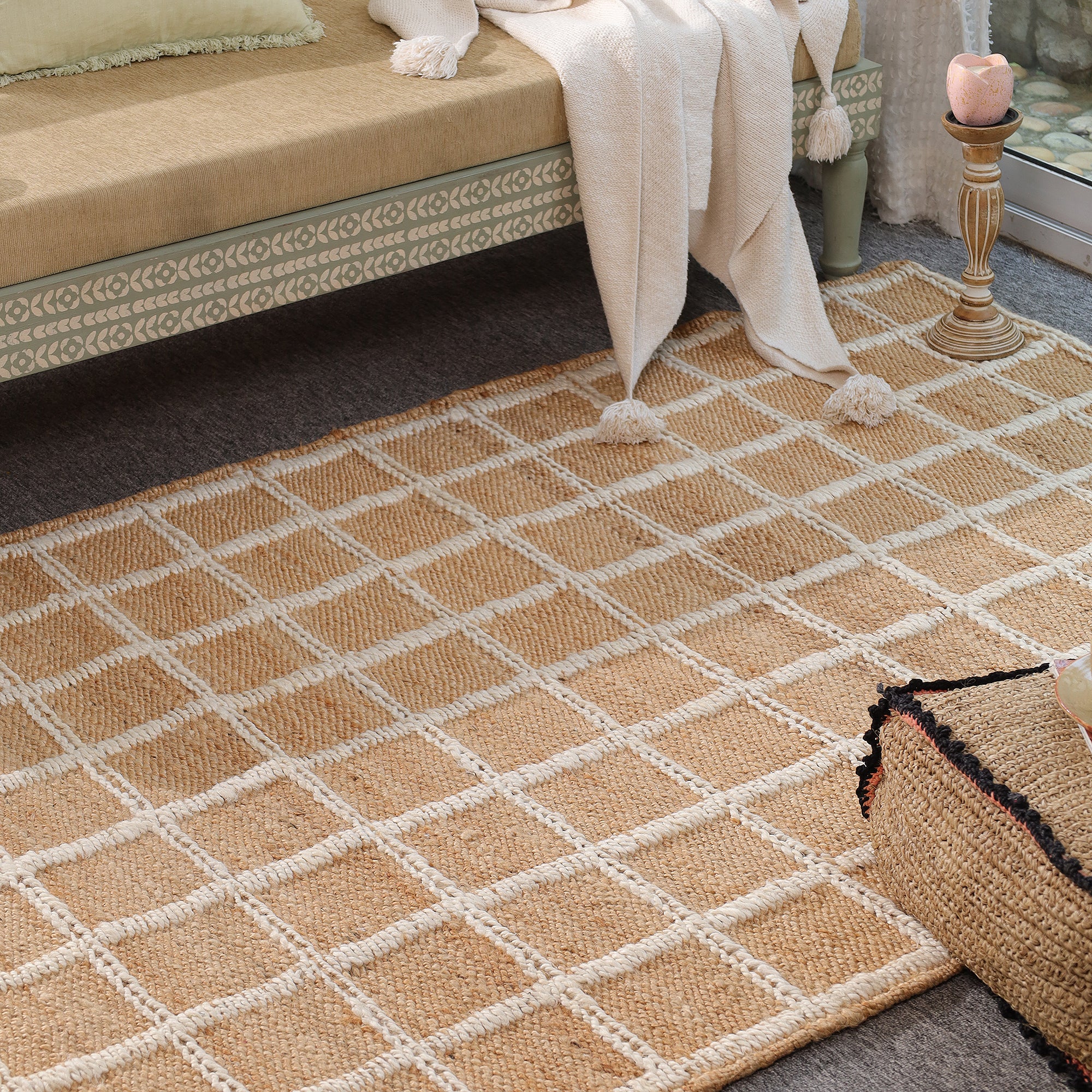 Handwoven Geometric Jute & Cotton Area Rug | Natural Beige & Ivory Grid Pattern Rug