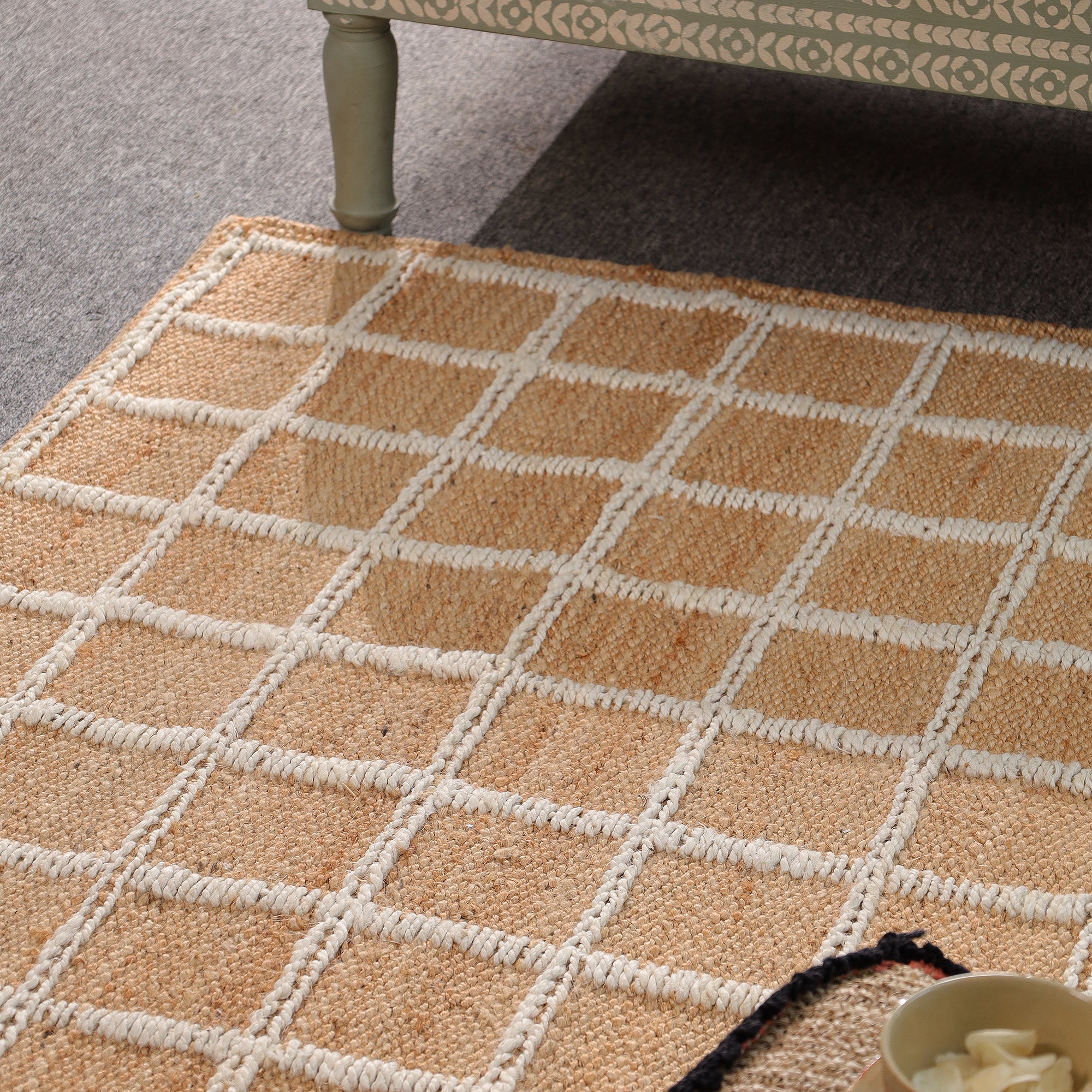 Handwoven Geometric Jute & Cotton Area Rug | Natural Beige & Ivory Grid Pattern Rug