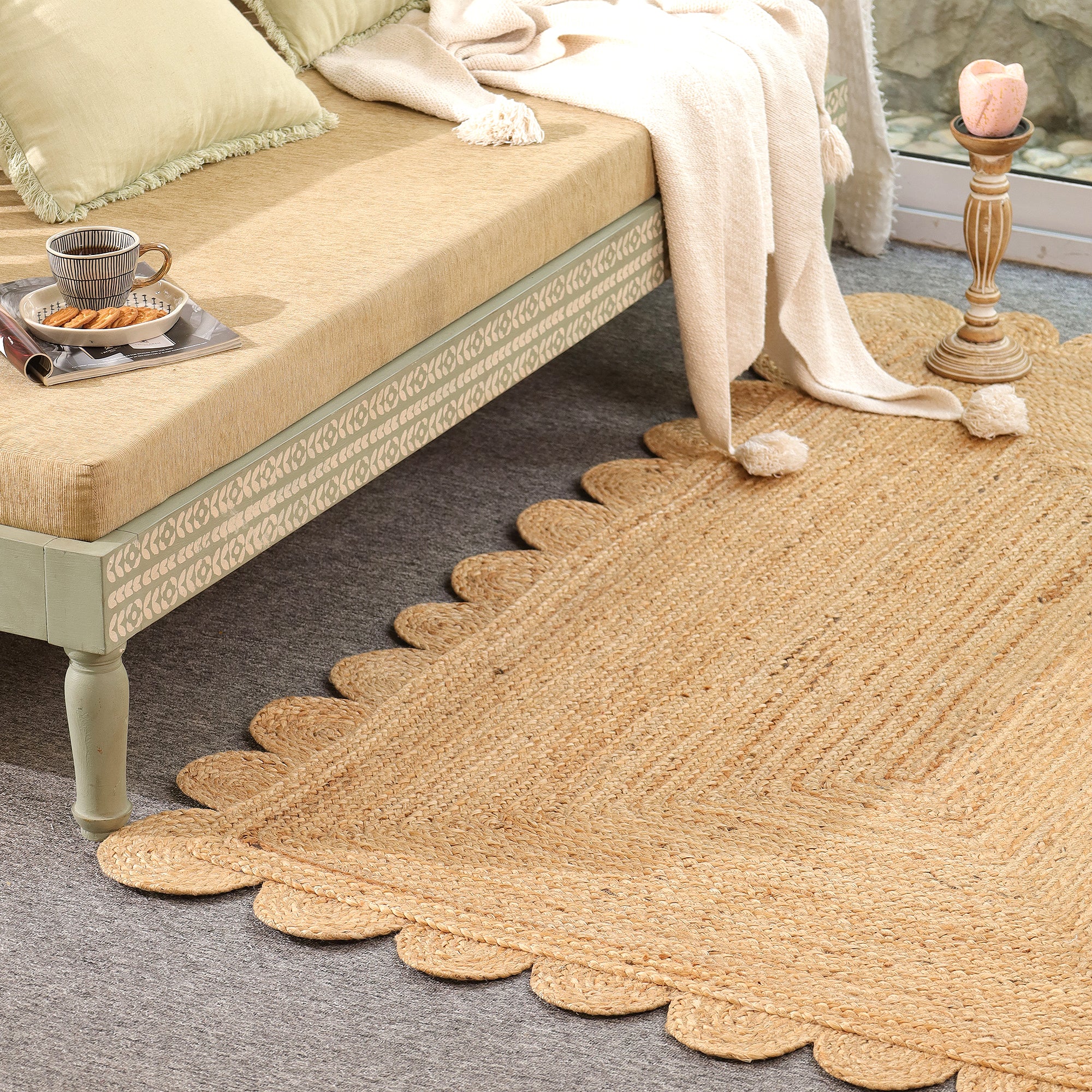 Handwoven Natural Scalloped Jute Area Rug – Boho Farmhouse Living Room Carpet