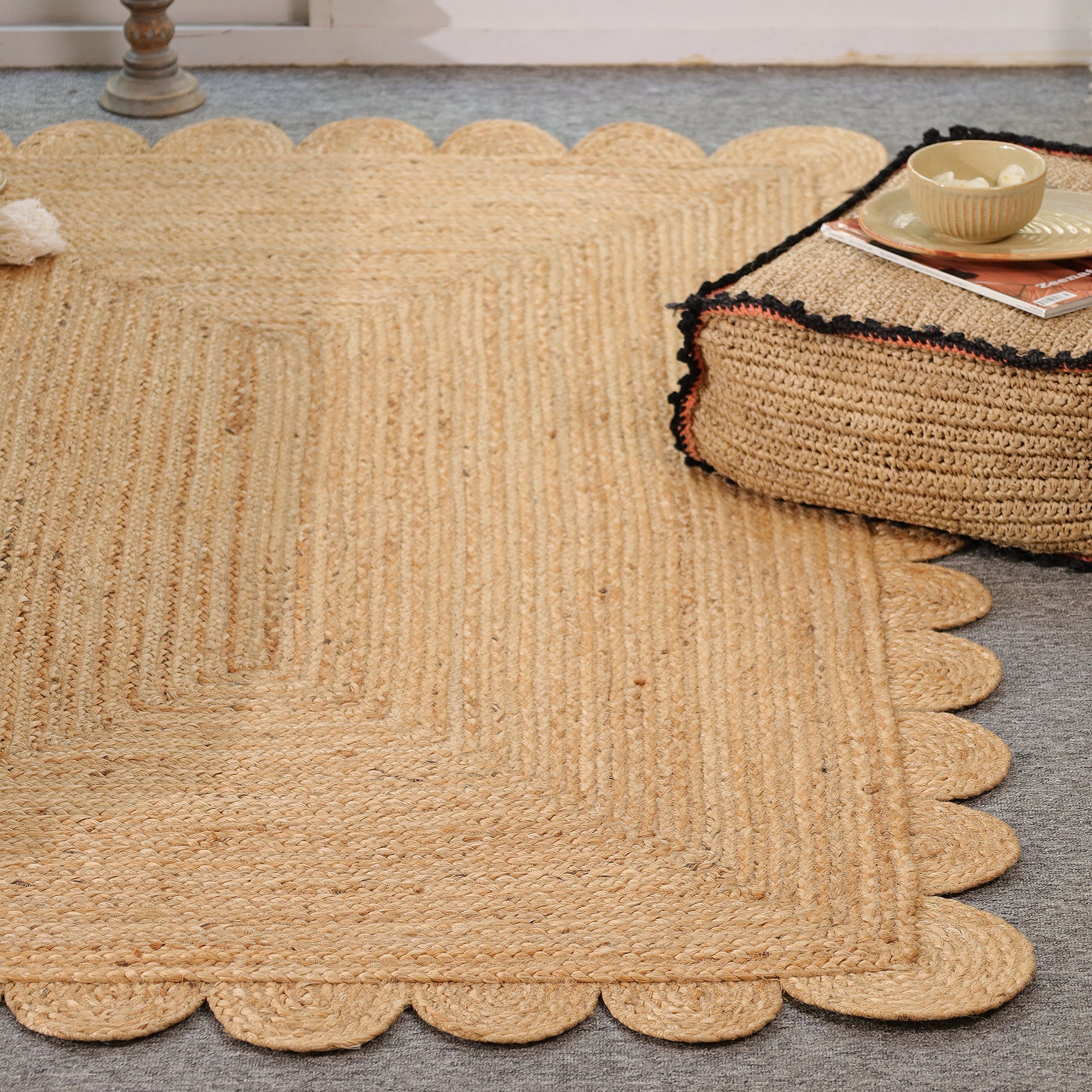 Handwoven Natural Scalloped Jute Area Rug – Boho Farmhouse Living Room Carpet