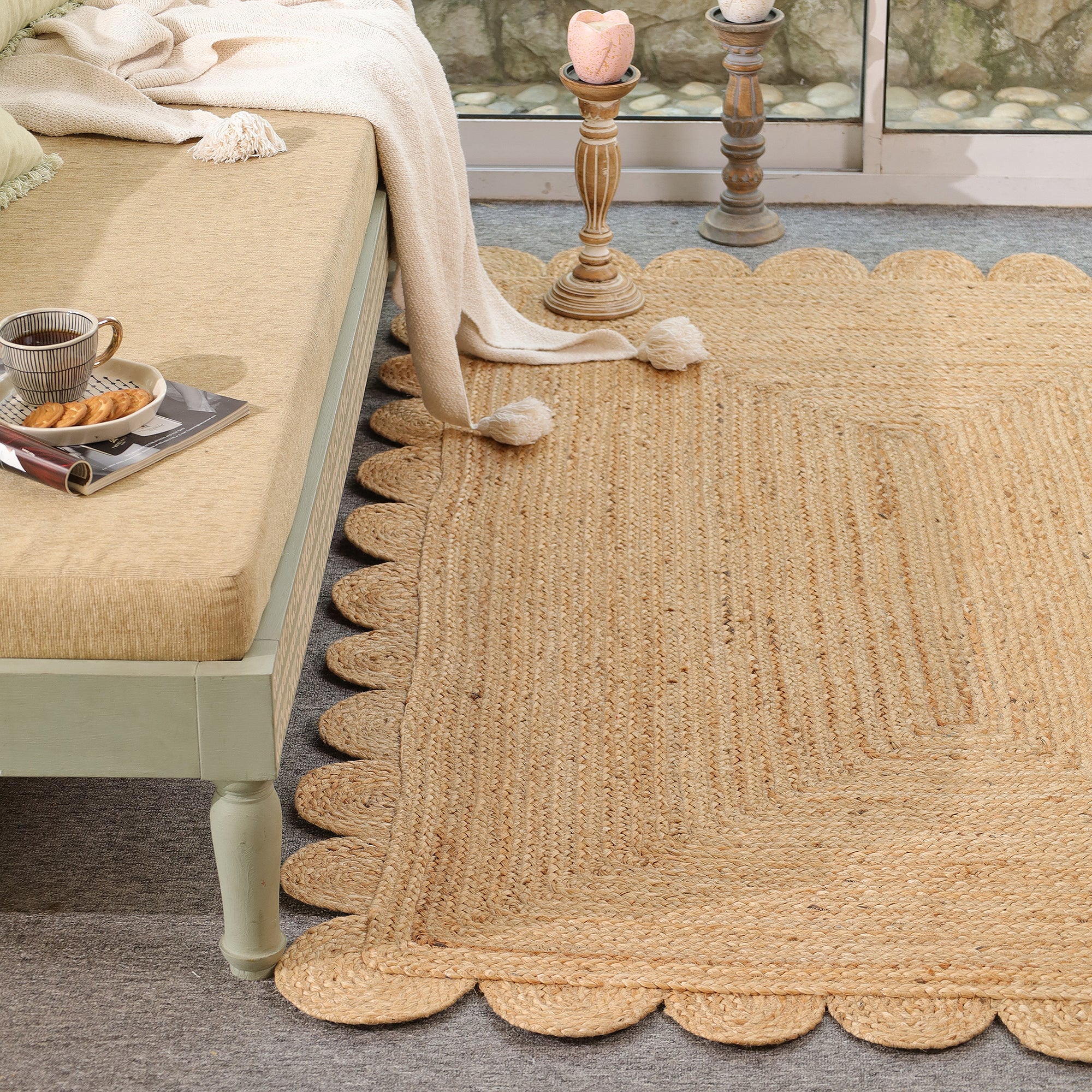 Handwoven Natural Scalloped Jute Area Rug – Boho Farmhouse Living Room Carpet