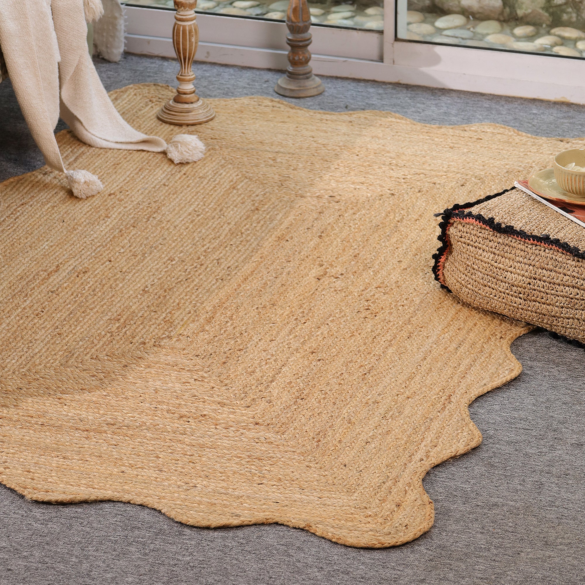 Handmade Scalloped Edge Natural Jute Area Rug Boho Woven Rug Farmhouse Living Room
