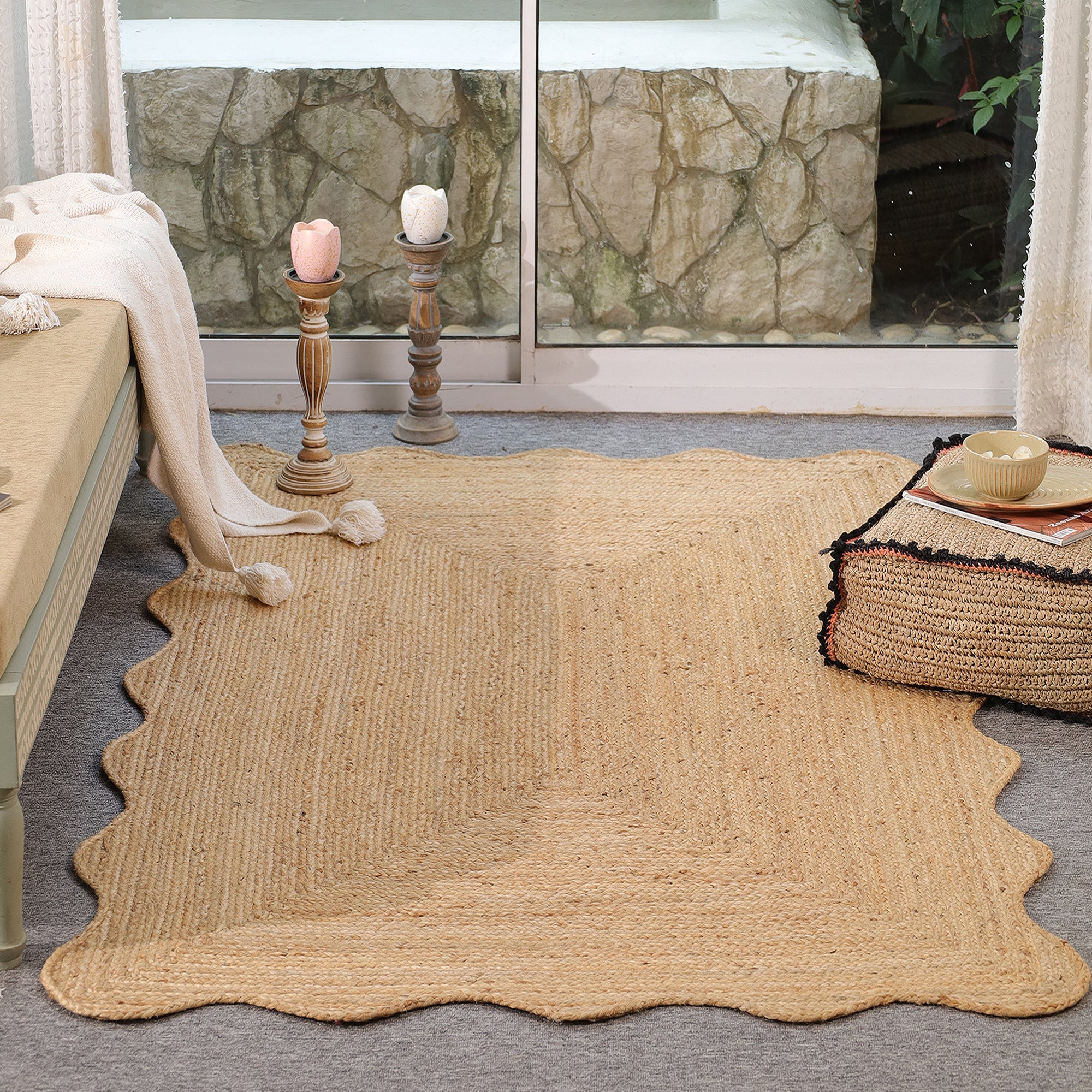 Handmade Scalloped Edge Natural Jute Area Rug Boho Woven Rug Farmhouse Living Room