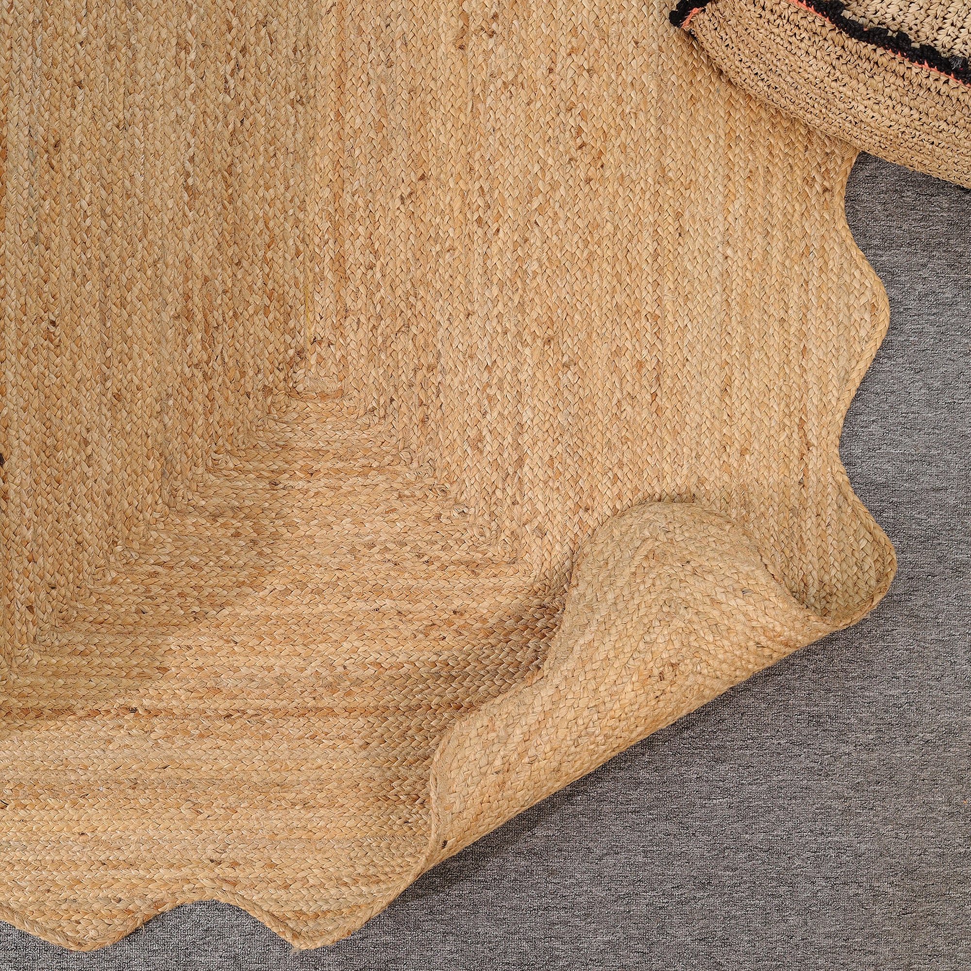 Handmade Scalloped Edge Natural Jute Area Rug Boho Woven Rug Farmhouse Living Room