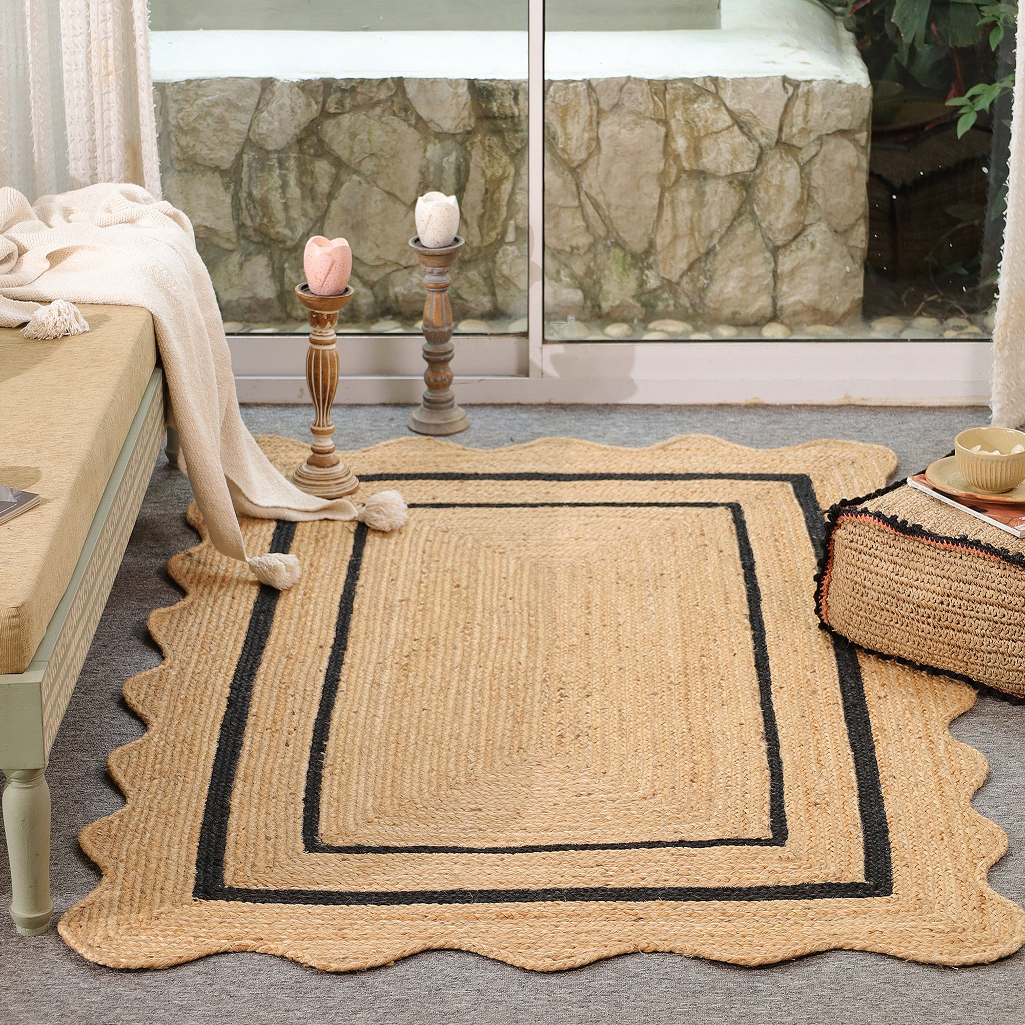 Natural Handwoven Jute Area Rug with Black Border- Scalloped Boho Farmhouse