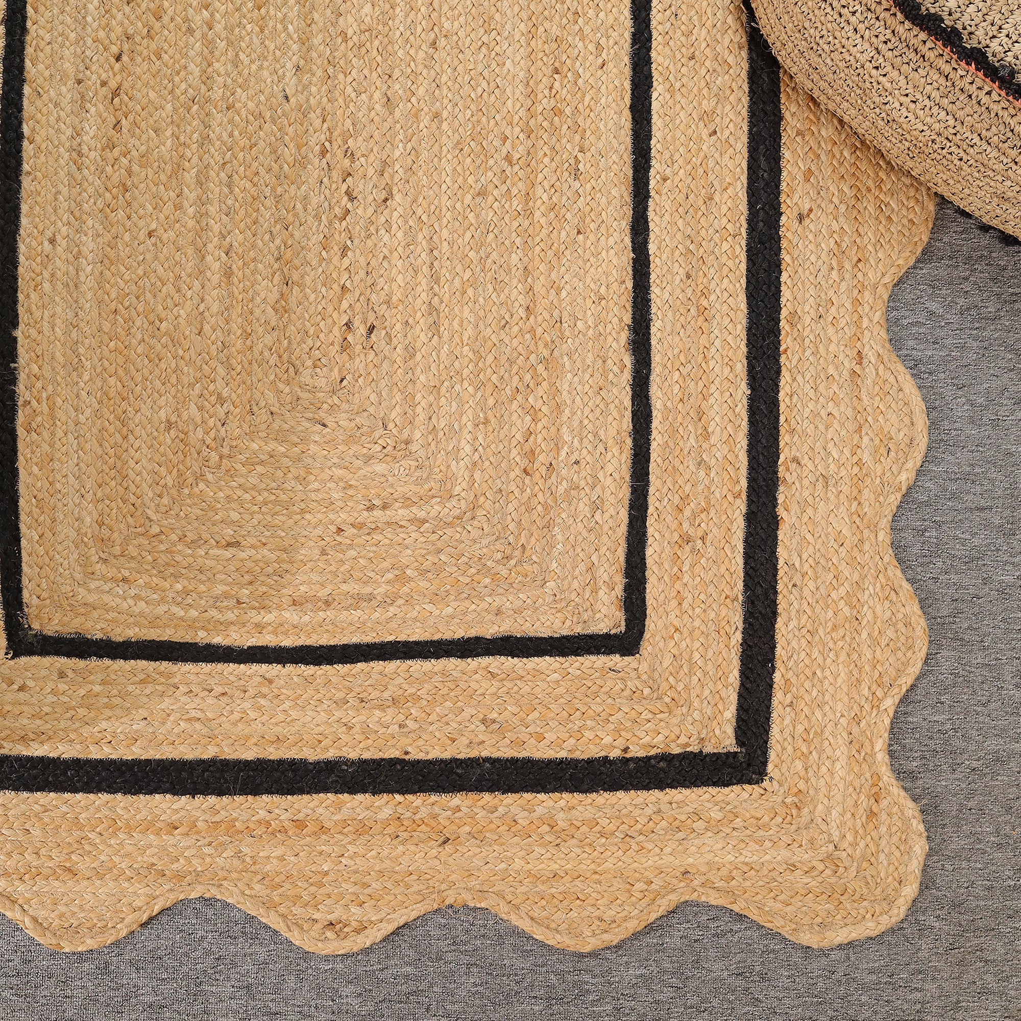 Natural Handwoven Jute Area Rug with Black Border- Scalloped Boho Farmhouse