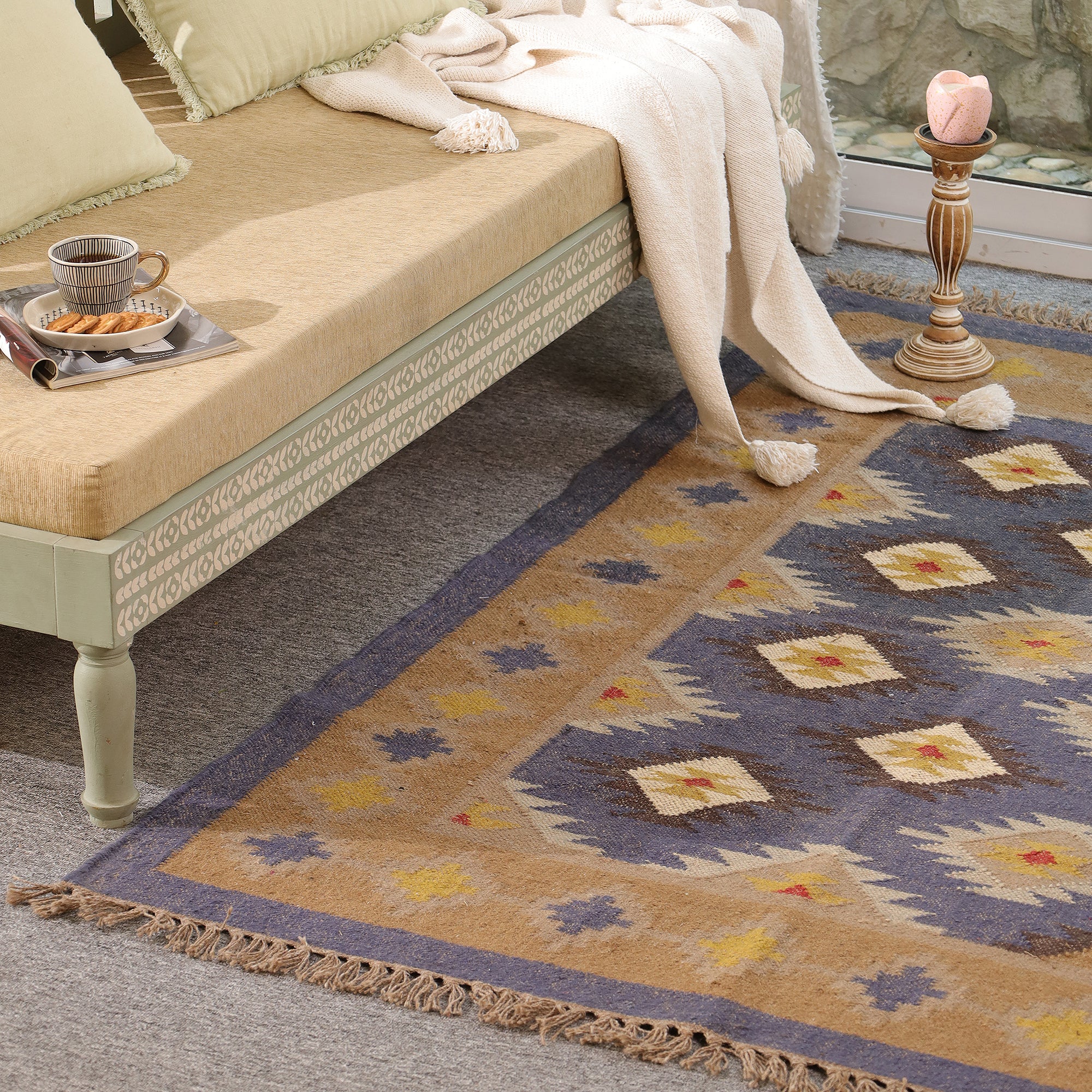 Handmade Kilim Area Rug Handwoven Boho Tribal Rug with Fringe Vintage Geometric