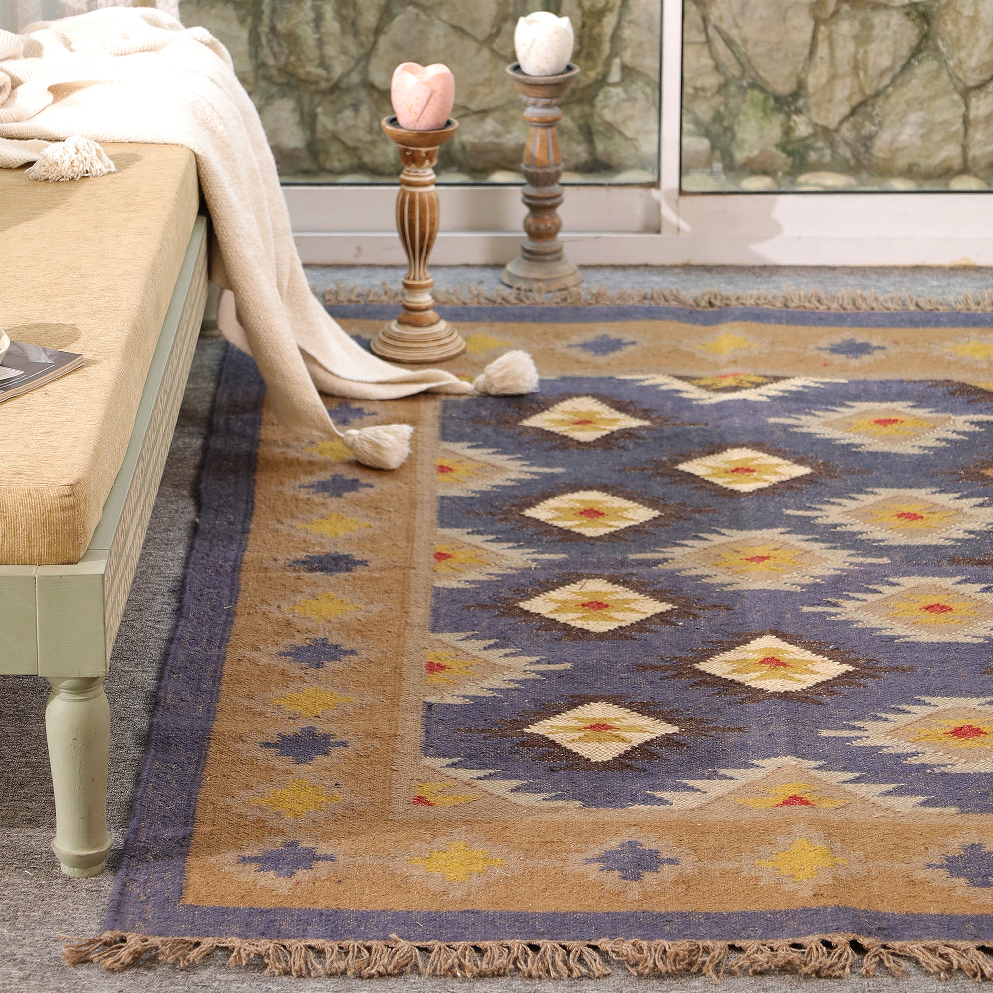 Handmade Kilim Area Rug Handwoven Boho Tribal Rug with Fringe Vintage Geometric