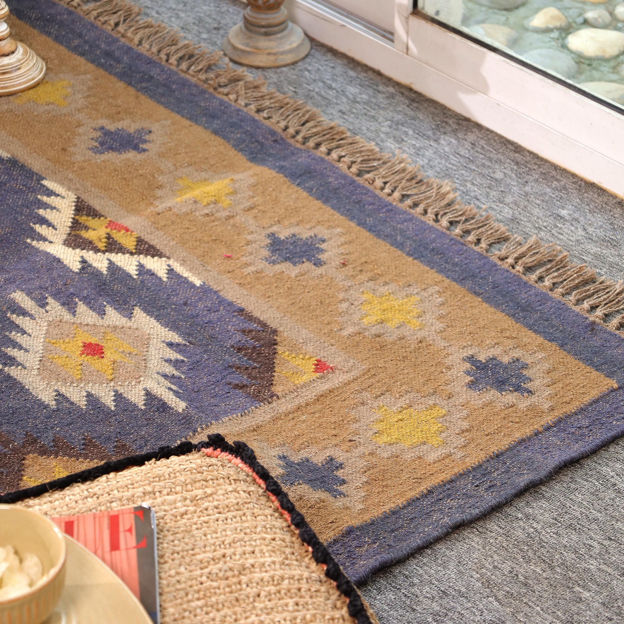Handmade Kilim Area Rug Handwoven Boho Tribal Rug with Fringe Vintage Geometric