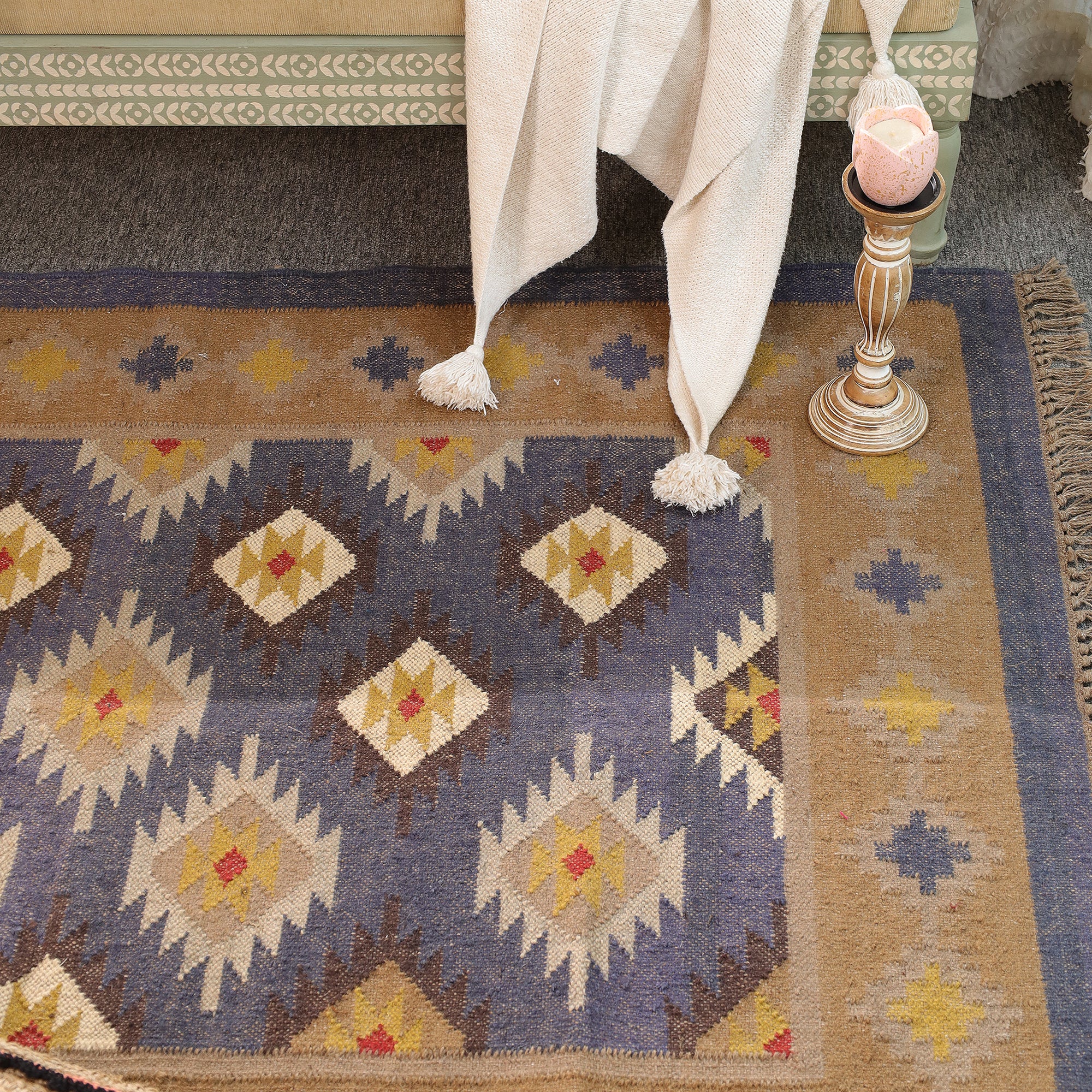Handmade Kilim Area Rug Handwoven Boho Tribal Rug with Fringe Vintage Geometric