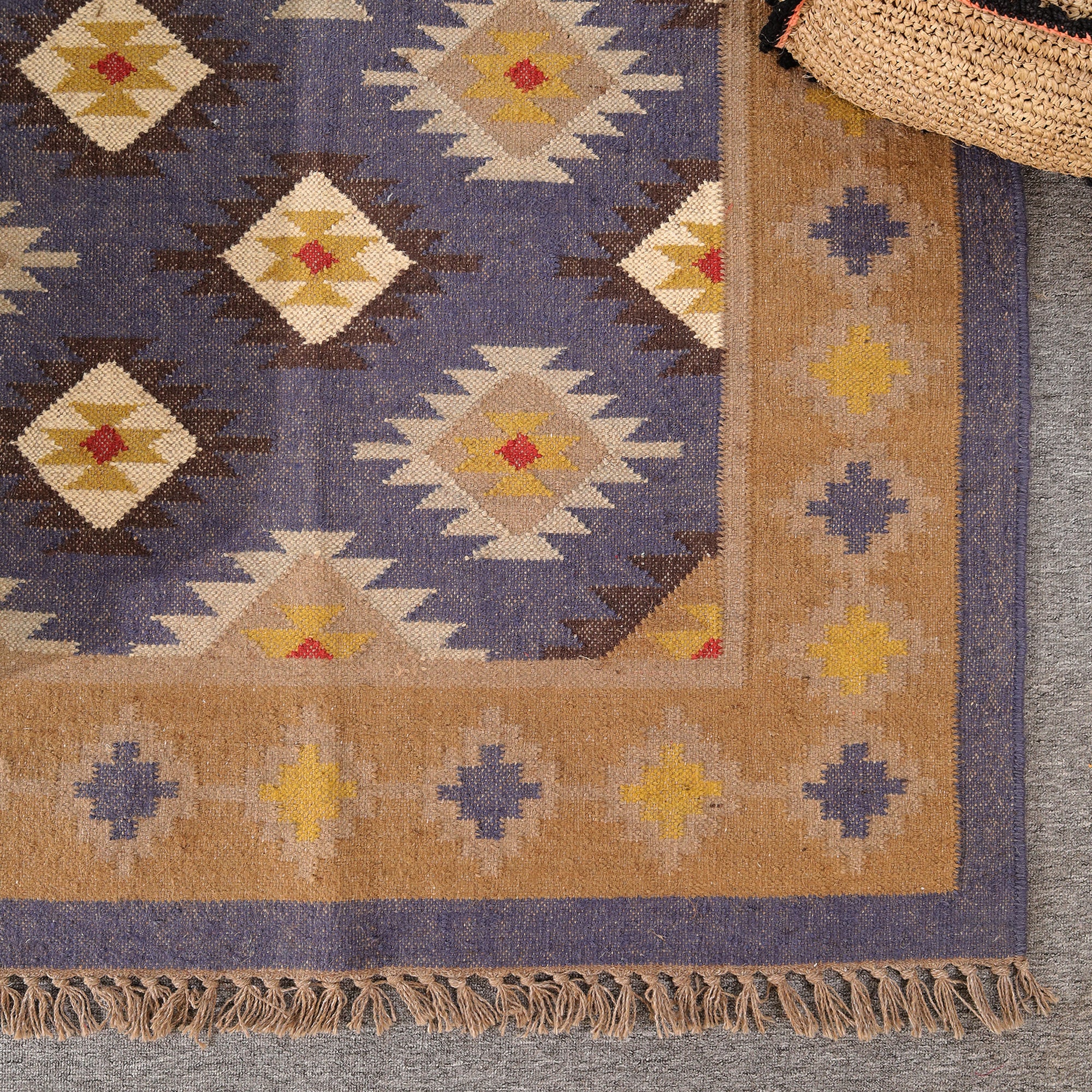 Handmade Kilim Area Rug Handwoven Boho Tribal Rug with Fringe Vintage Geometric