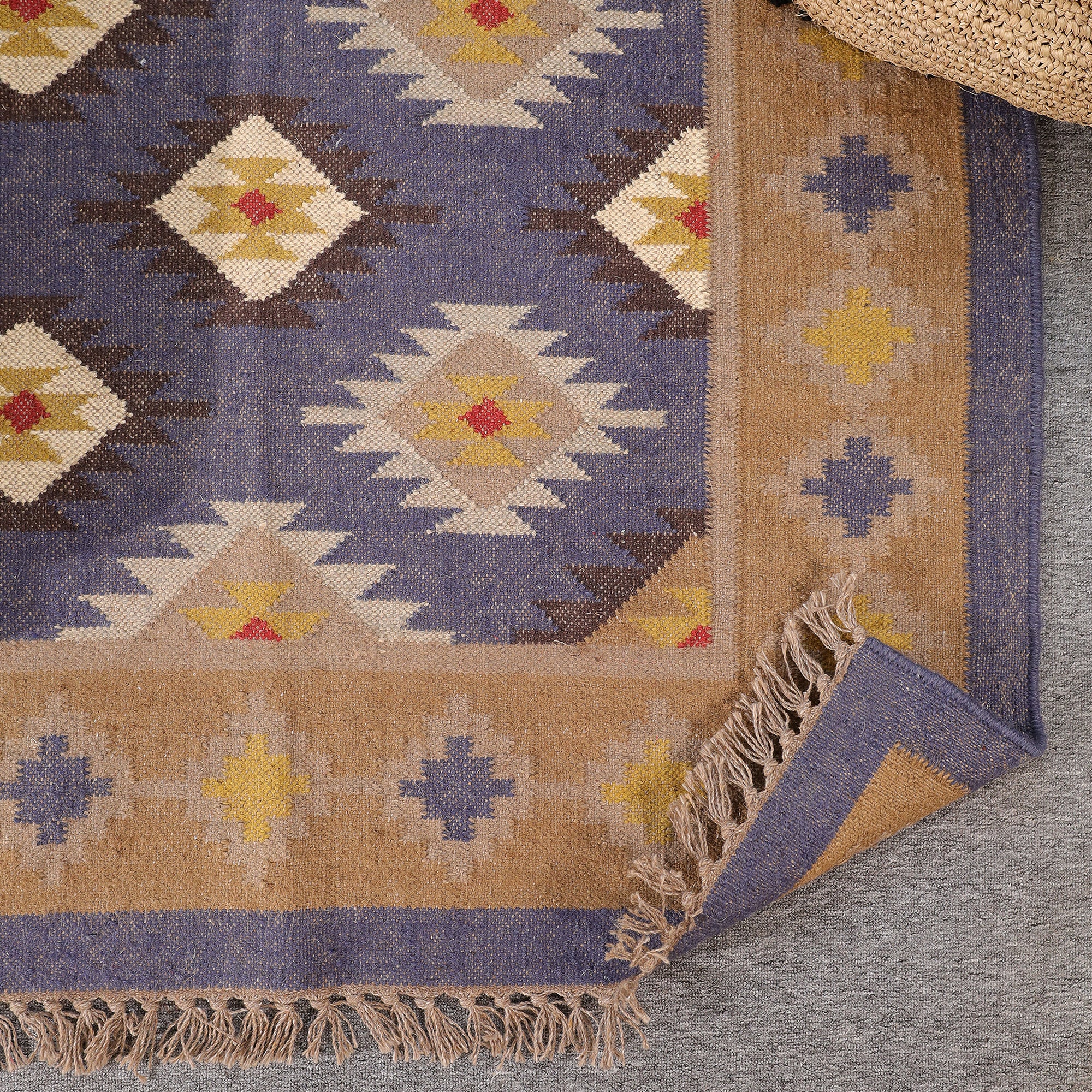 Handmade Kilim Area Rug Handwoven Boho Tribal Rug with Fringe Vintage Geometric