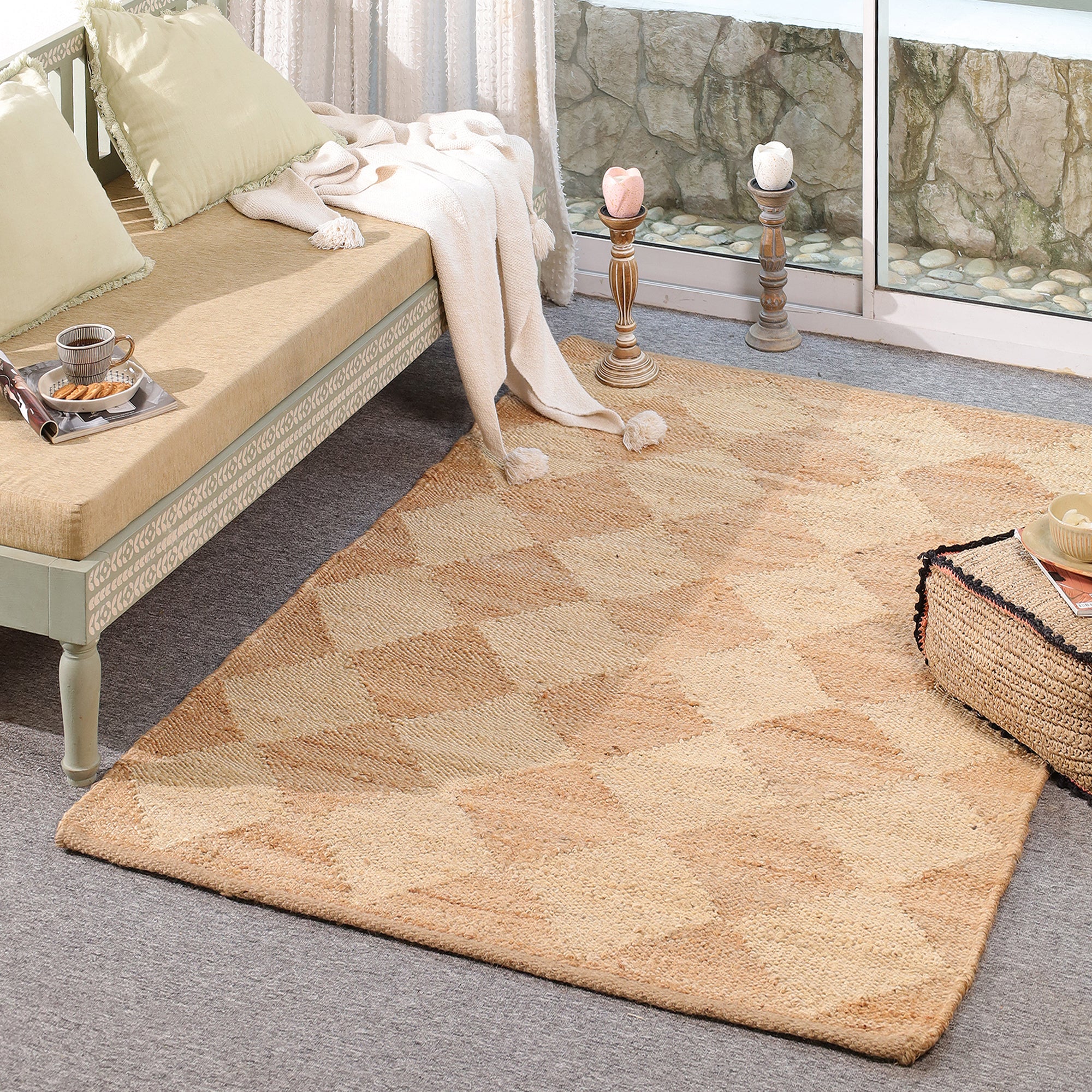 Handmade Geometric Jute  Area Rug Natural Woven Boho Rug Eco-Friendly Living Room