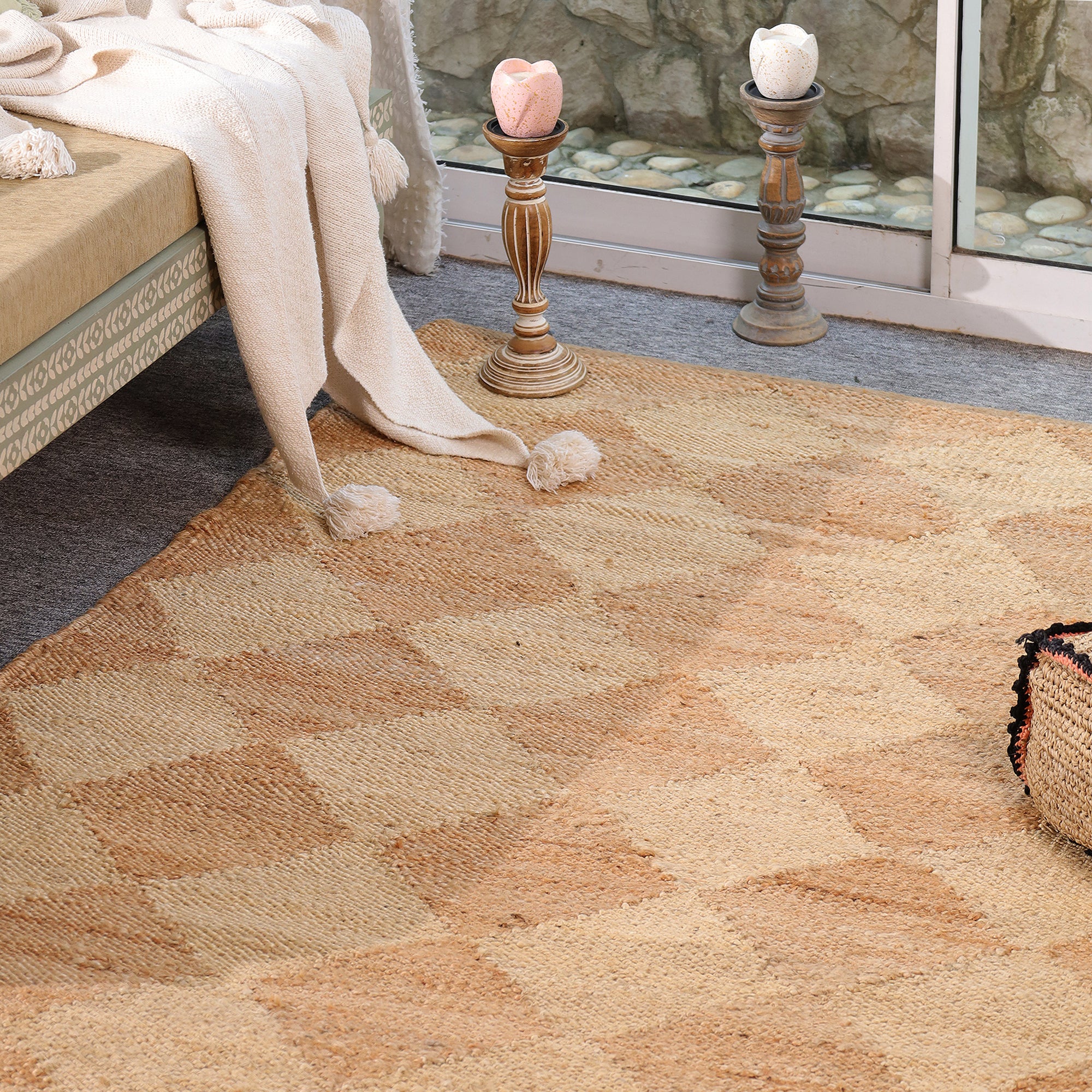 Handmade Geometric Jute  Area Rug Natural Woven Boho Rug Eco-Friendly Living Room