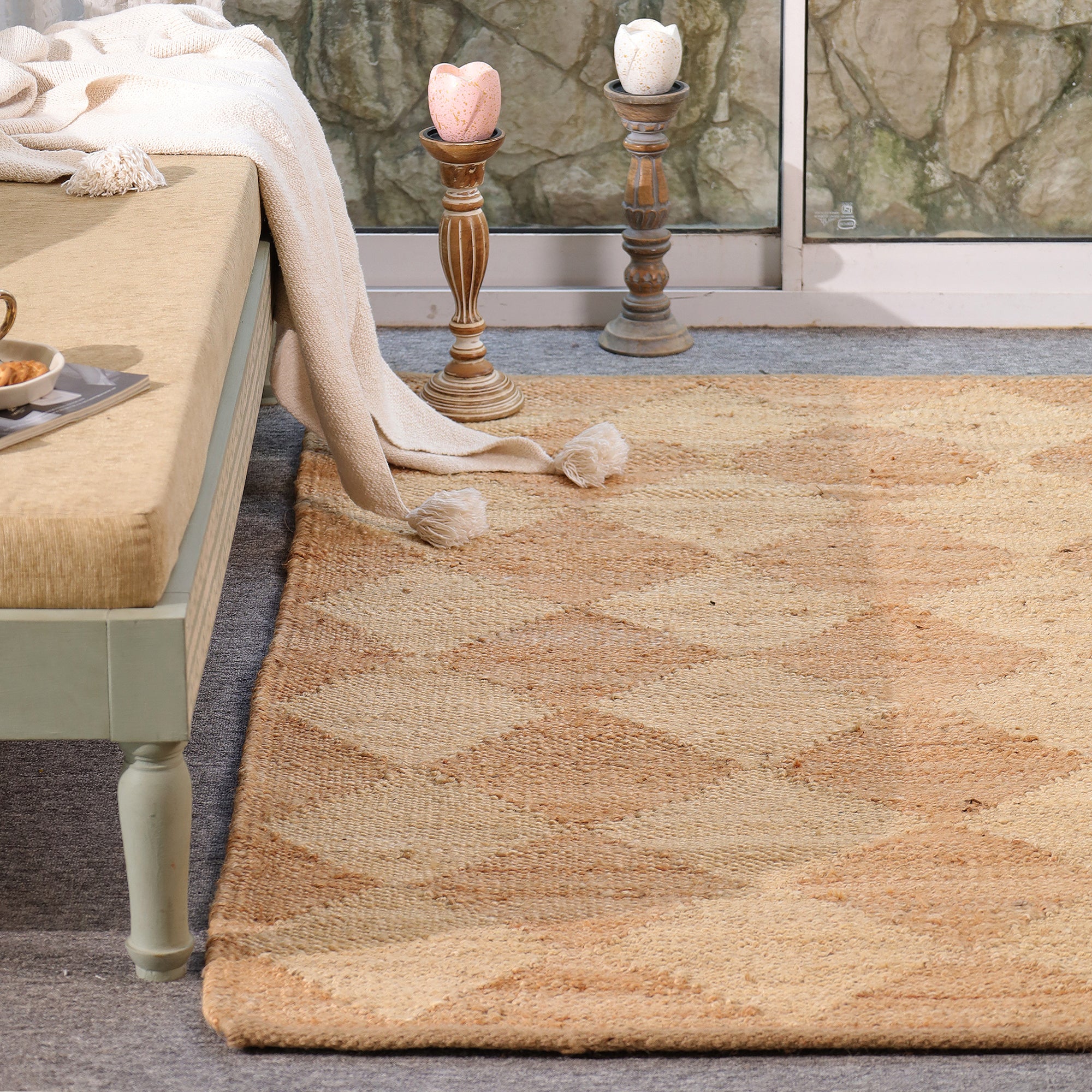 Handmade Geometric Jute  Area Rug Natural Woven Boho Rug Eco-Friendly Living Room