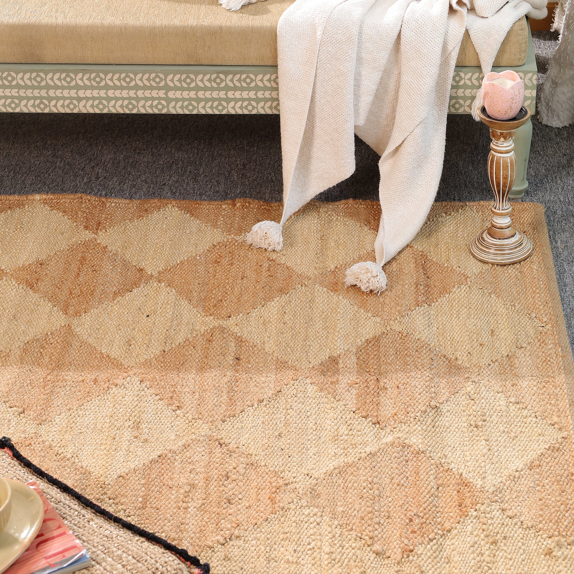 Handmade Geometric Jute  Area Rug Natural Woven Boho Rug Eco-Friendly Living Room