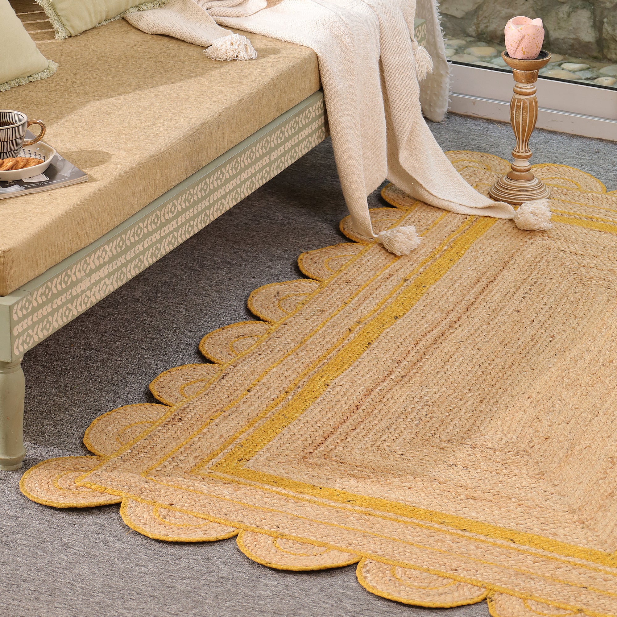Handmade Scalloped Jute Area Rug with yellow Border Natural woven Boho Rug