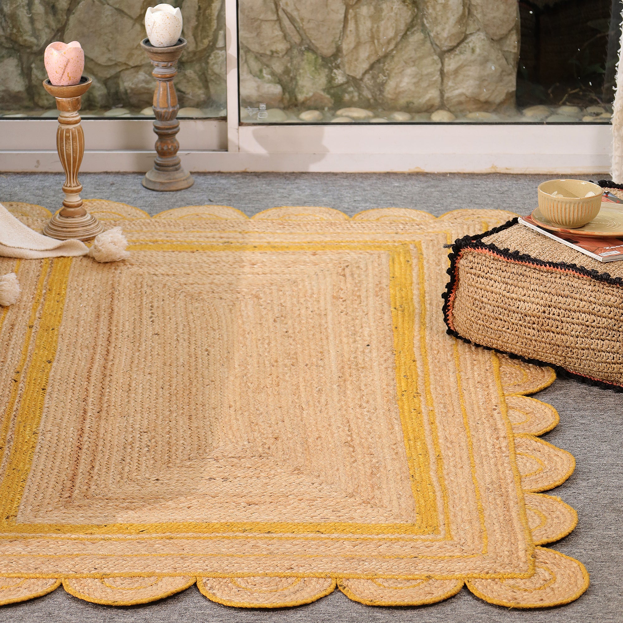 Handmade Scalloped Jute Area Rug with yellow Border Natural woven Boho Rug