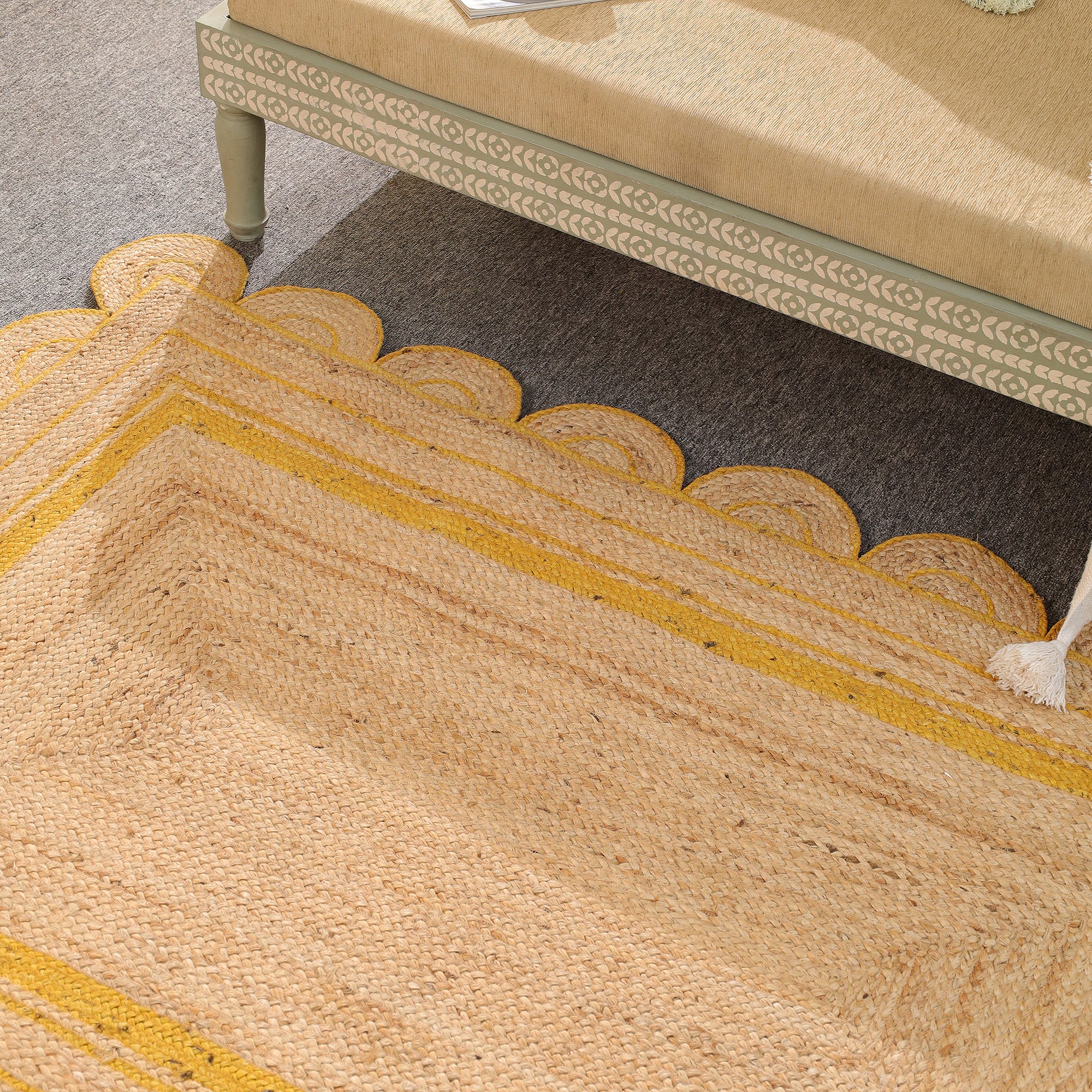 Handmade Scalloped Jute Area Rug with yellow Border Natural woven Boho Rug