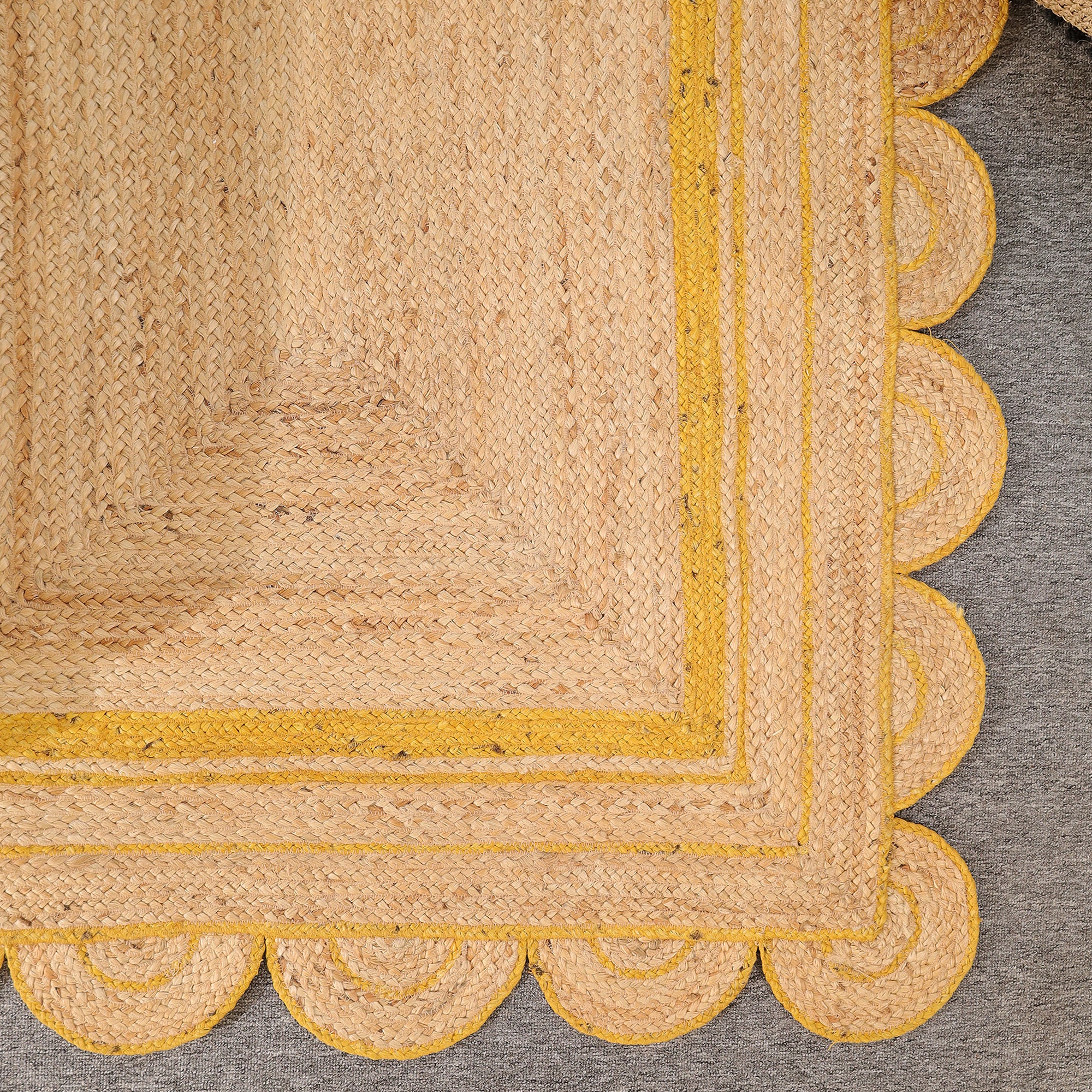 Handmade Scalloped Jute Area Rug with yellow Border Natural woven Boho Rug