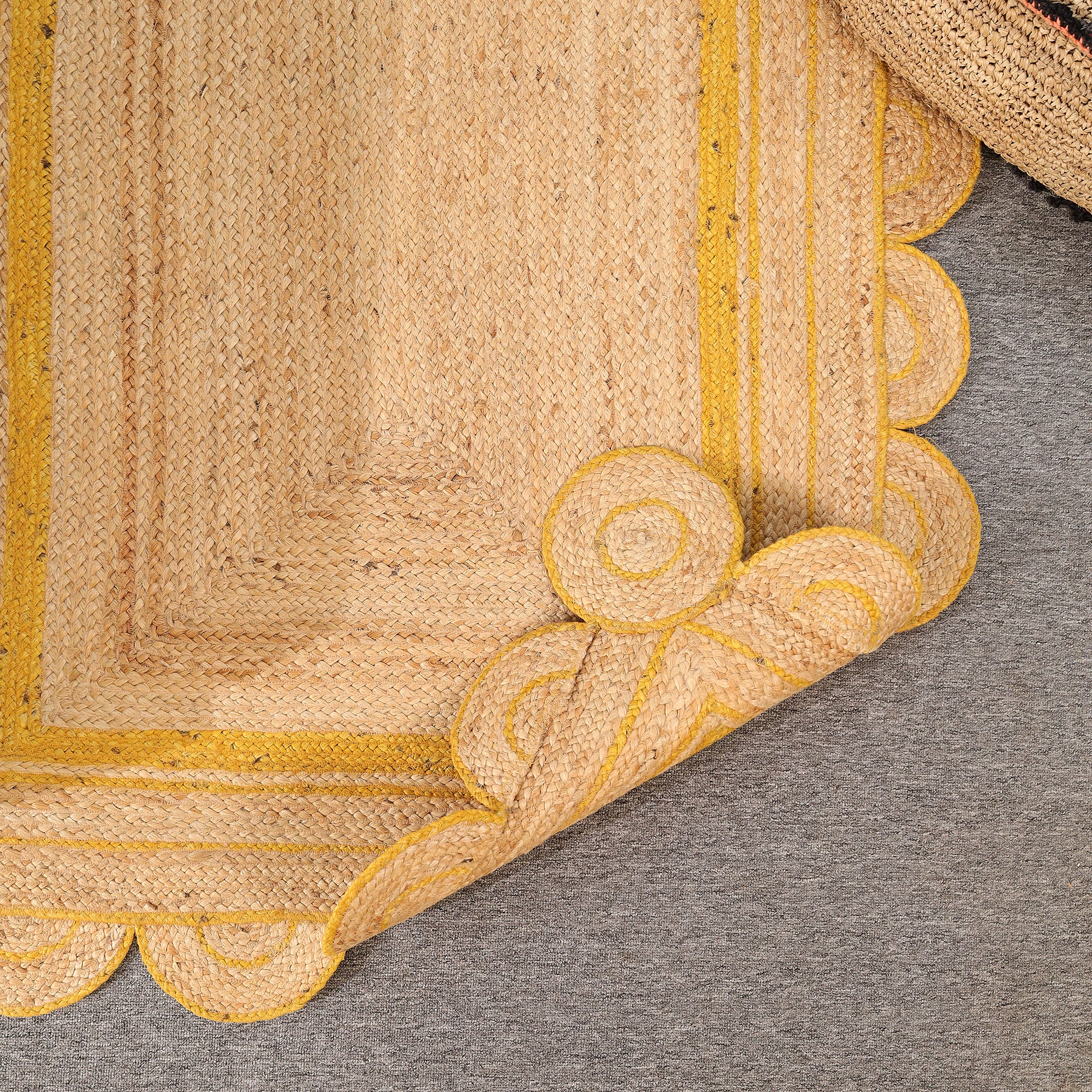 Handmade Scalloped Jute Area Rug with yellow Border Natural woven Boho Rug