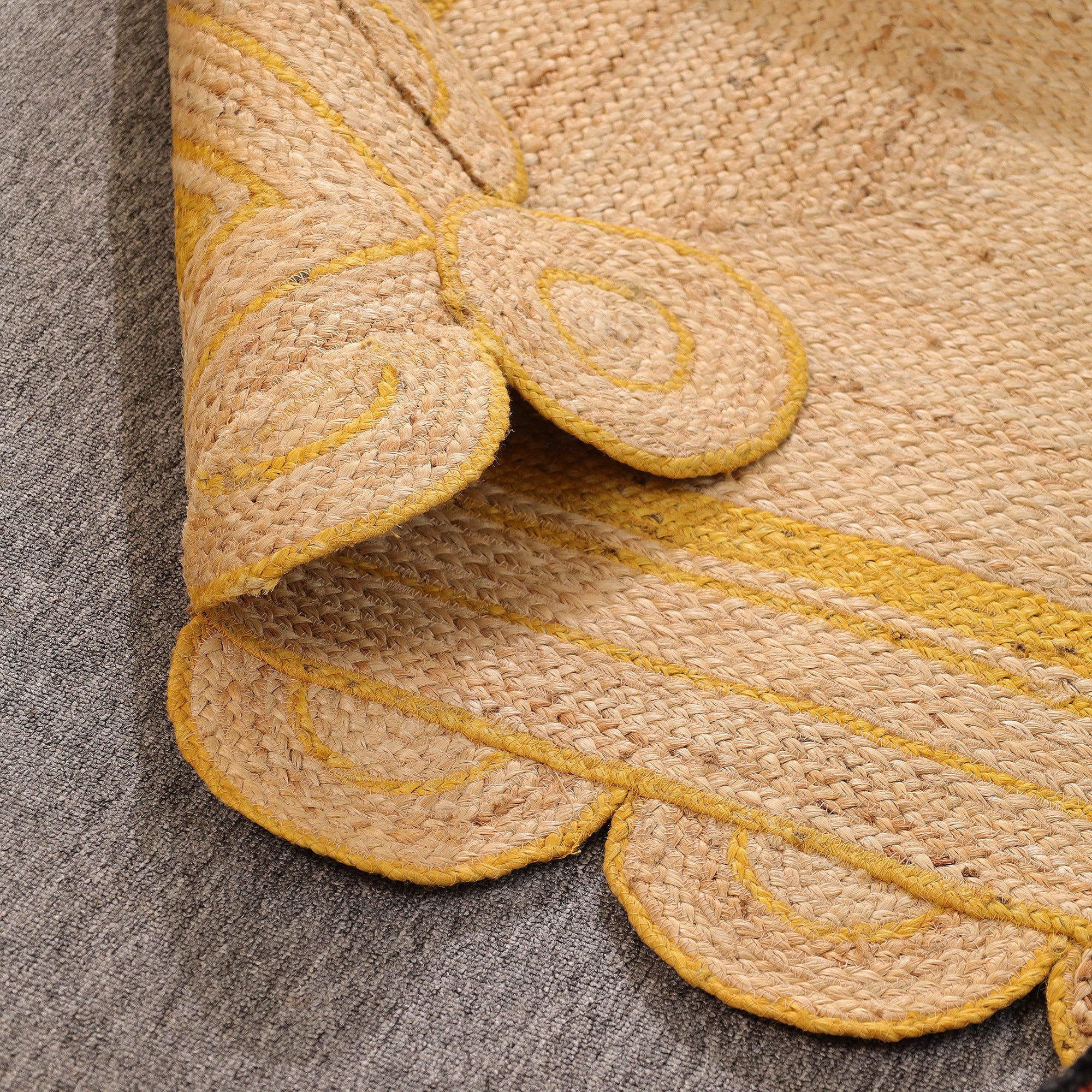 Handmade Scalloped Jute Area Rug with yellow Border Natural woven Boho Rug