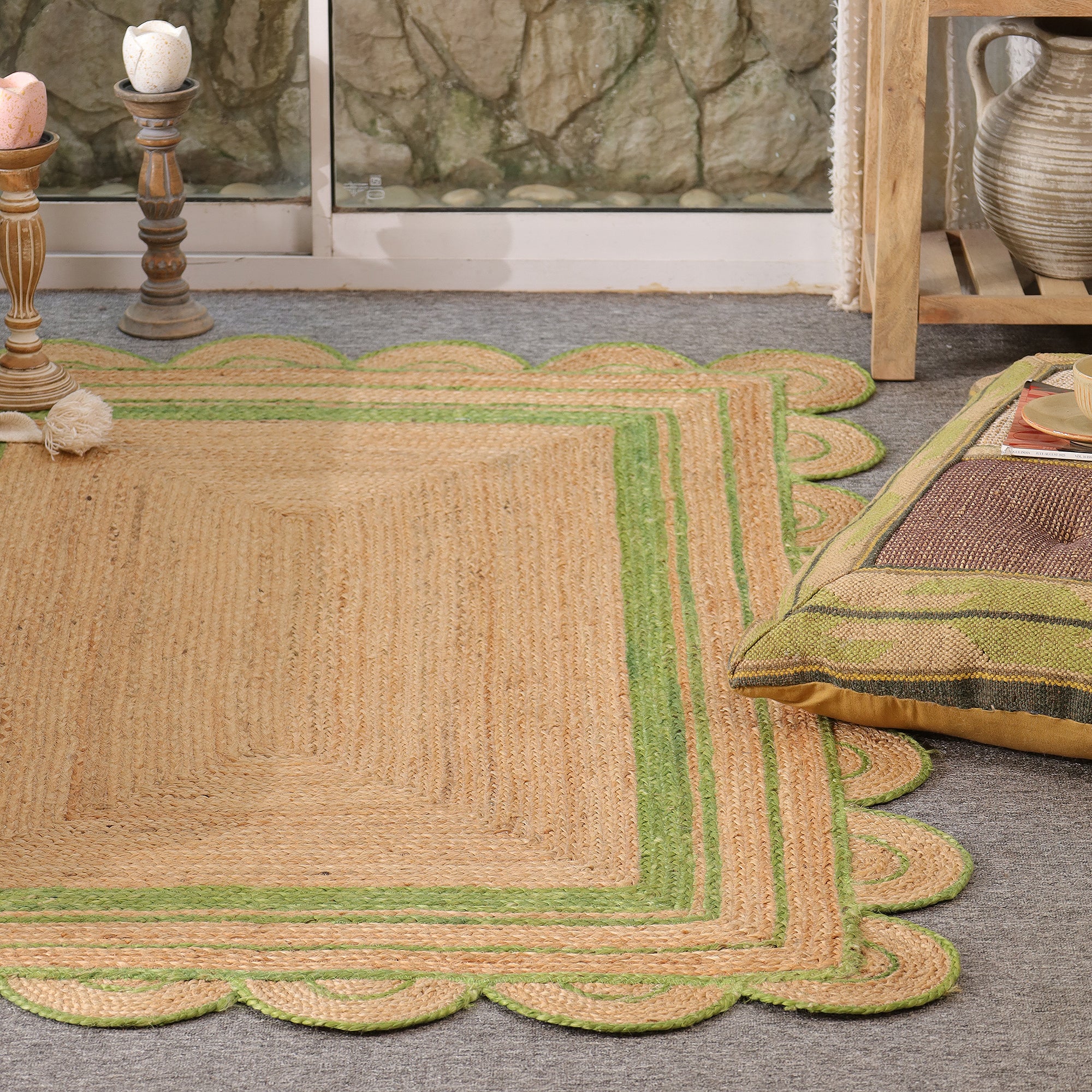 Handmade Natural Jute Scalloped Area Rug with Green Border Boho Farmhouse Rug