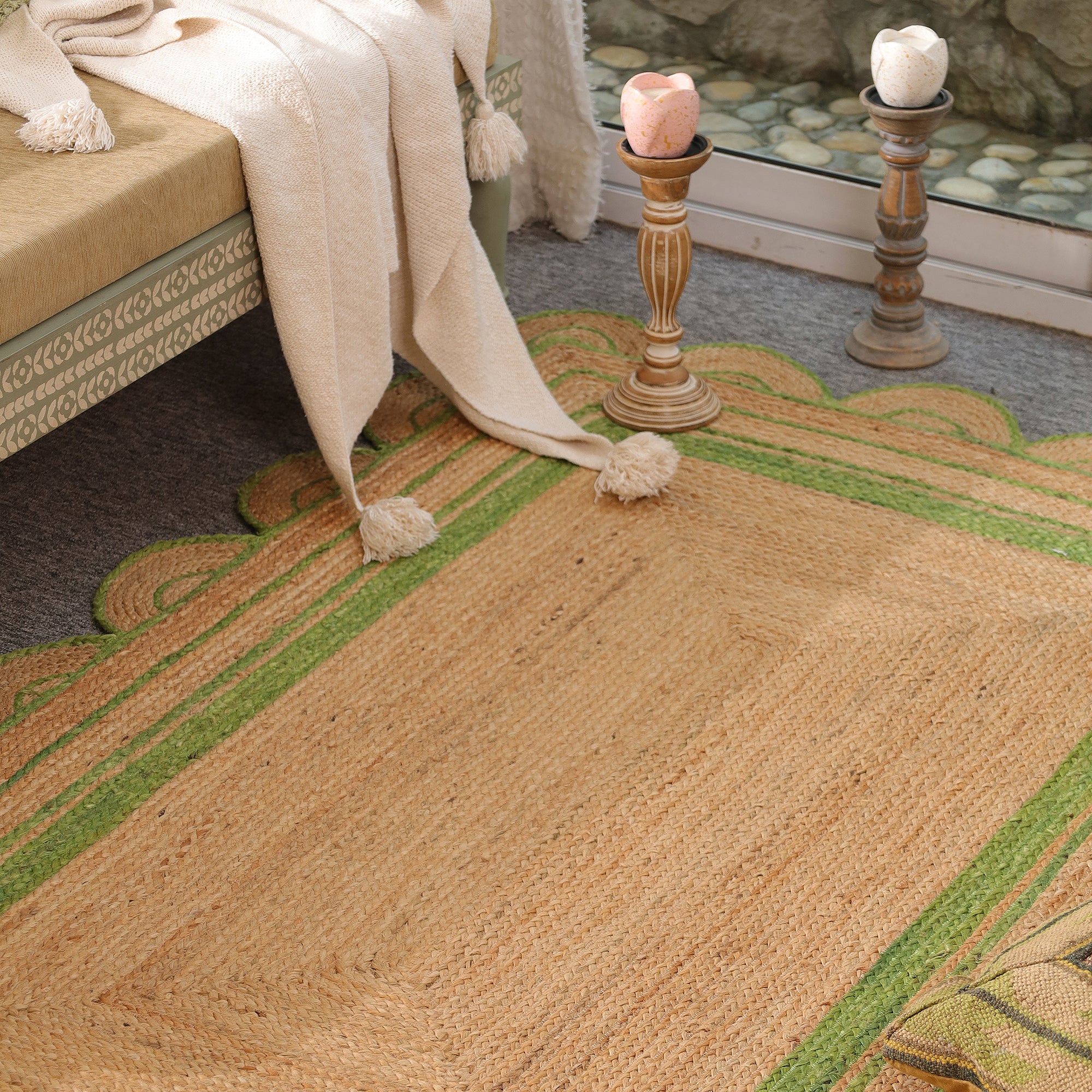 Handmade Natural Jute Scalloped Area Rug with Green Border Boho Farmhouse Rug