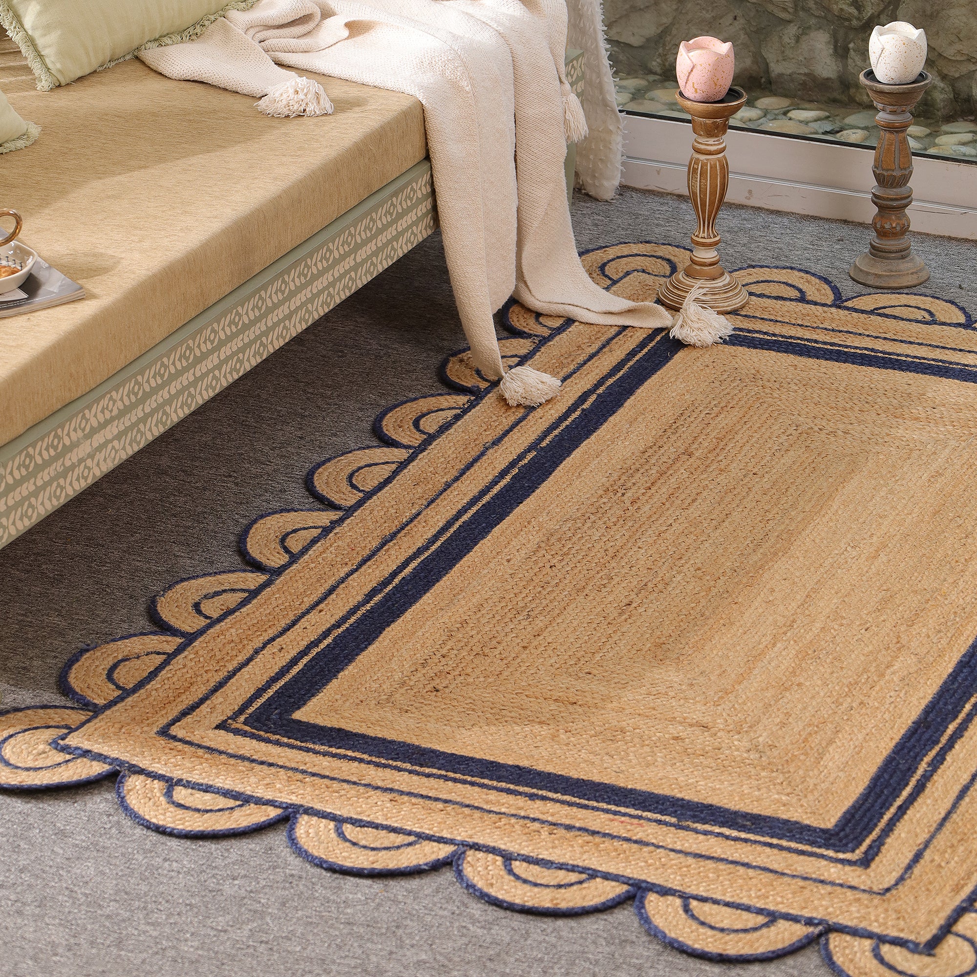 Handwoven Natural Jute Area Rug with Navy Blue Scalloped Border Farmhouse Boho Living Room Rug