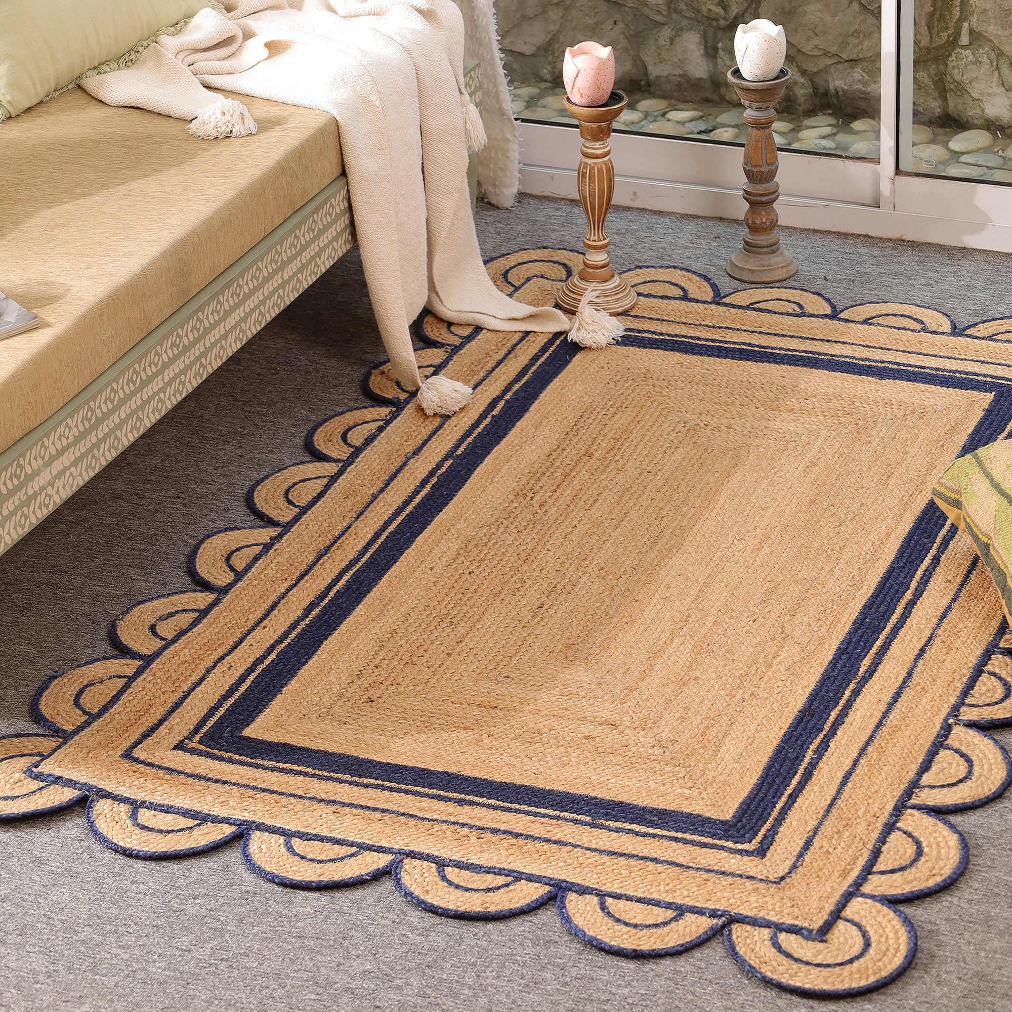 Handwoven Natural Jute Area Rug with Navy Blue Scalloped Border Farmhouse Boho Living Room Rug
