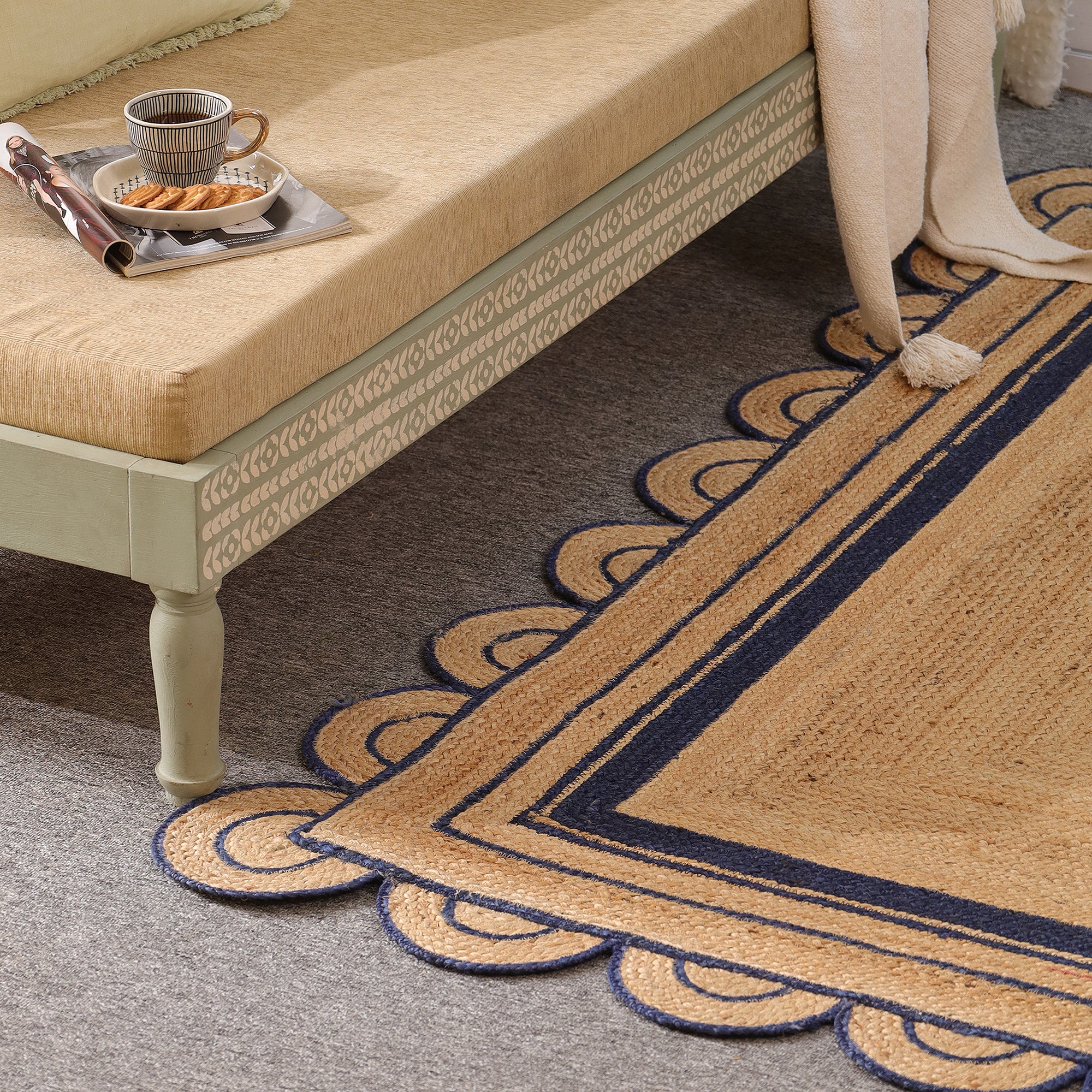 Handwoven Natural Jute Area Rug with Navy Blue Scalloped Border Farmhouse Boho Living Room Rug