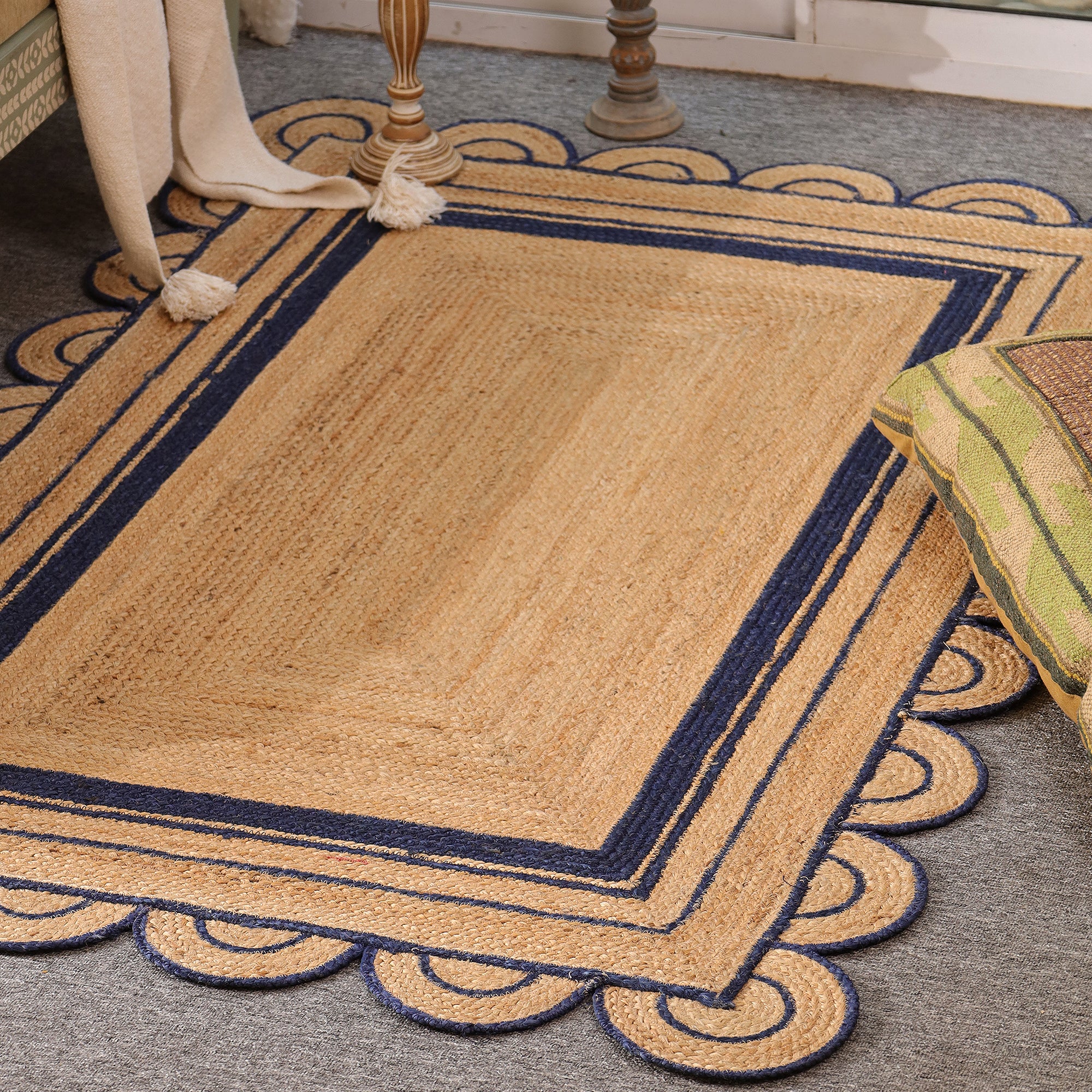 Handwoven Natural Jute Area Rug with Navy Blue Scalloped Border Farmhouse Boho Living Room Rug
