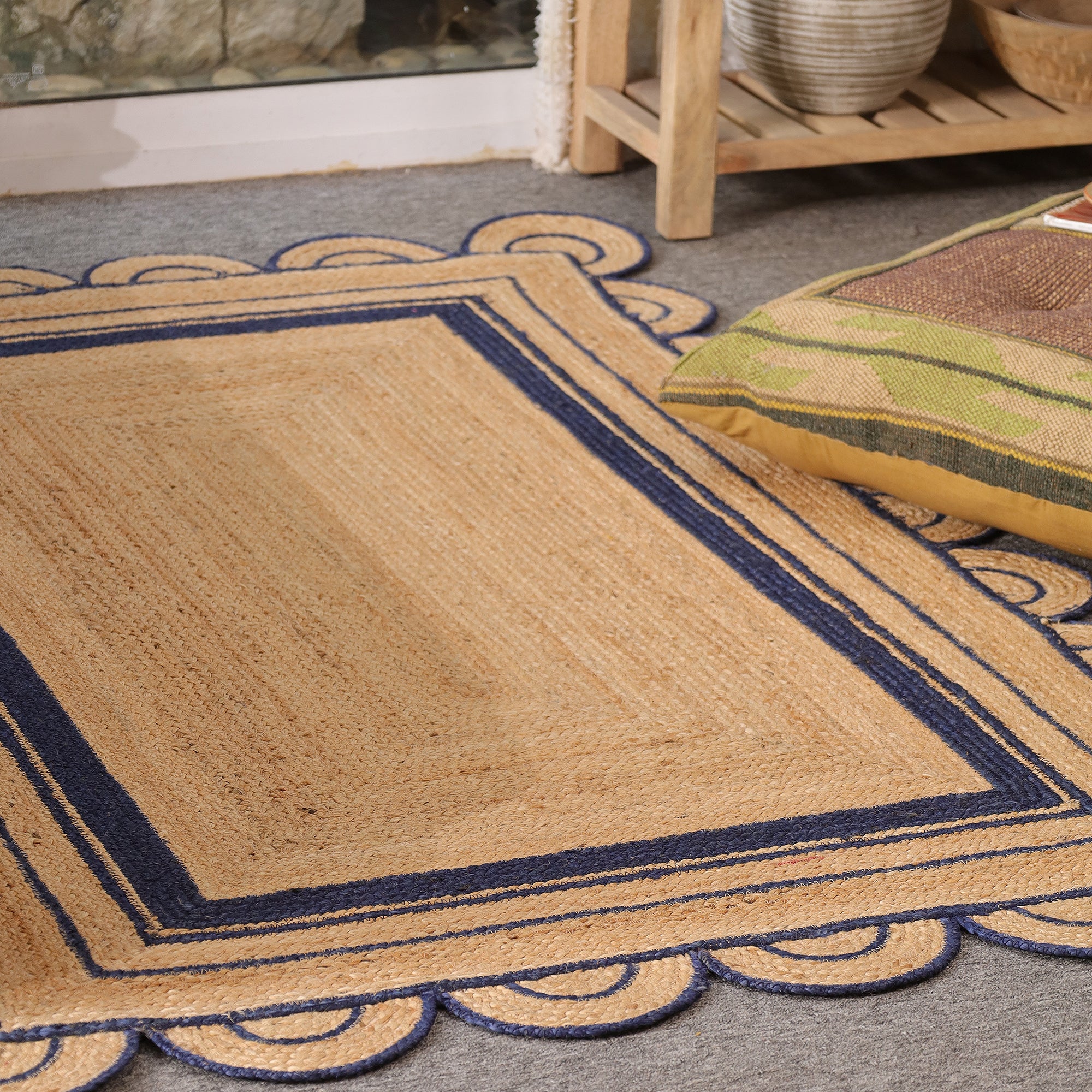 Handwoven Natural Jute Area Rug with Navy Blue Scalloped Border Farmhouse Boho Living Room Rug