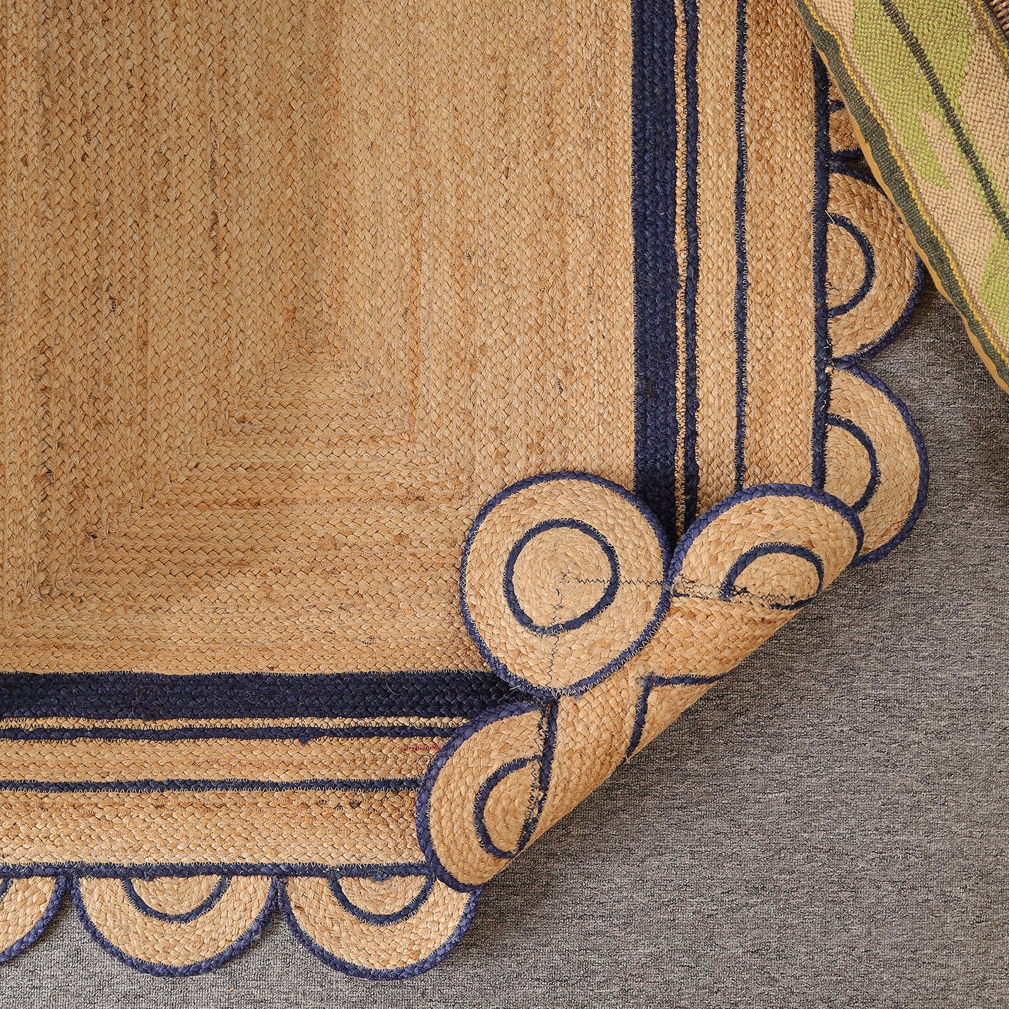 Handwoven Natural Jute Area Rug with Navy Blue Scalloped Border Farmhouse Boho Living Room Rug