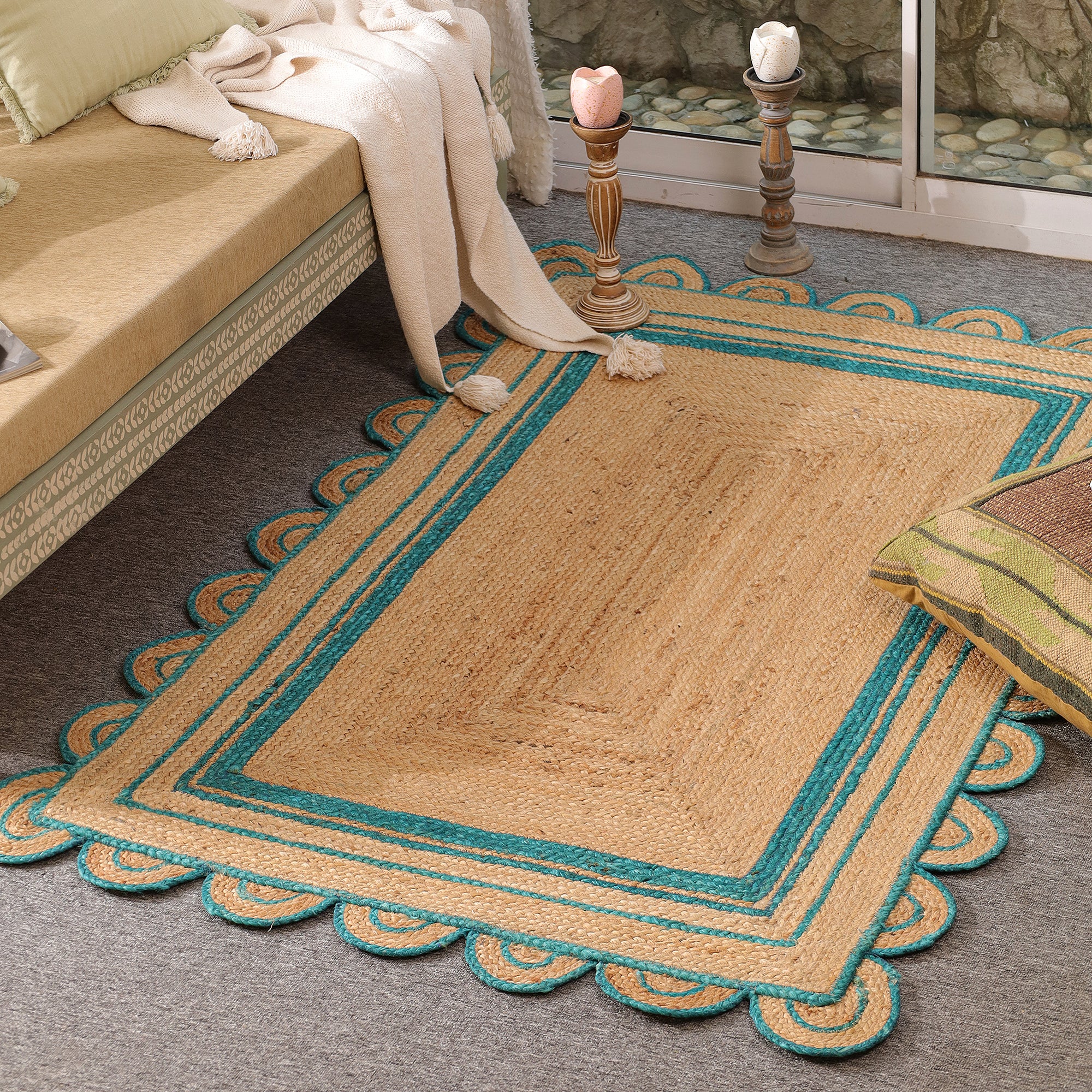 Handwoven Natural Jute Area Rug with Teal Scalloped Border Boho Farmhouse Indoor Rug