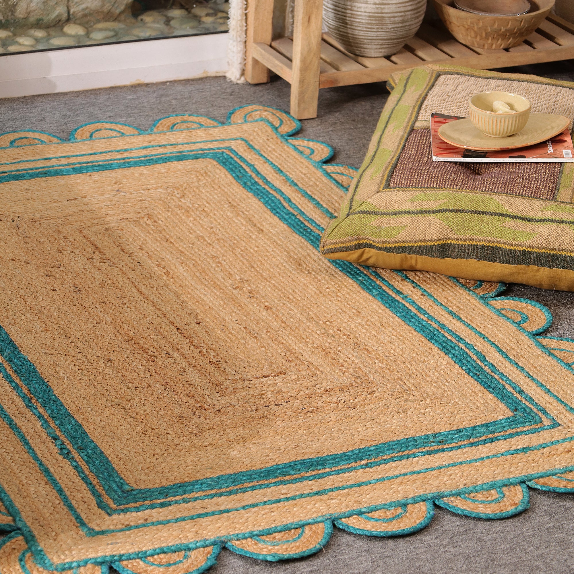 Handwoven Natural Jute Area Rug with Teal Scalloped Border Boho Farmhouse Indoor Rug