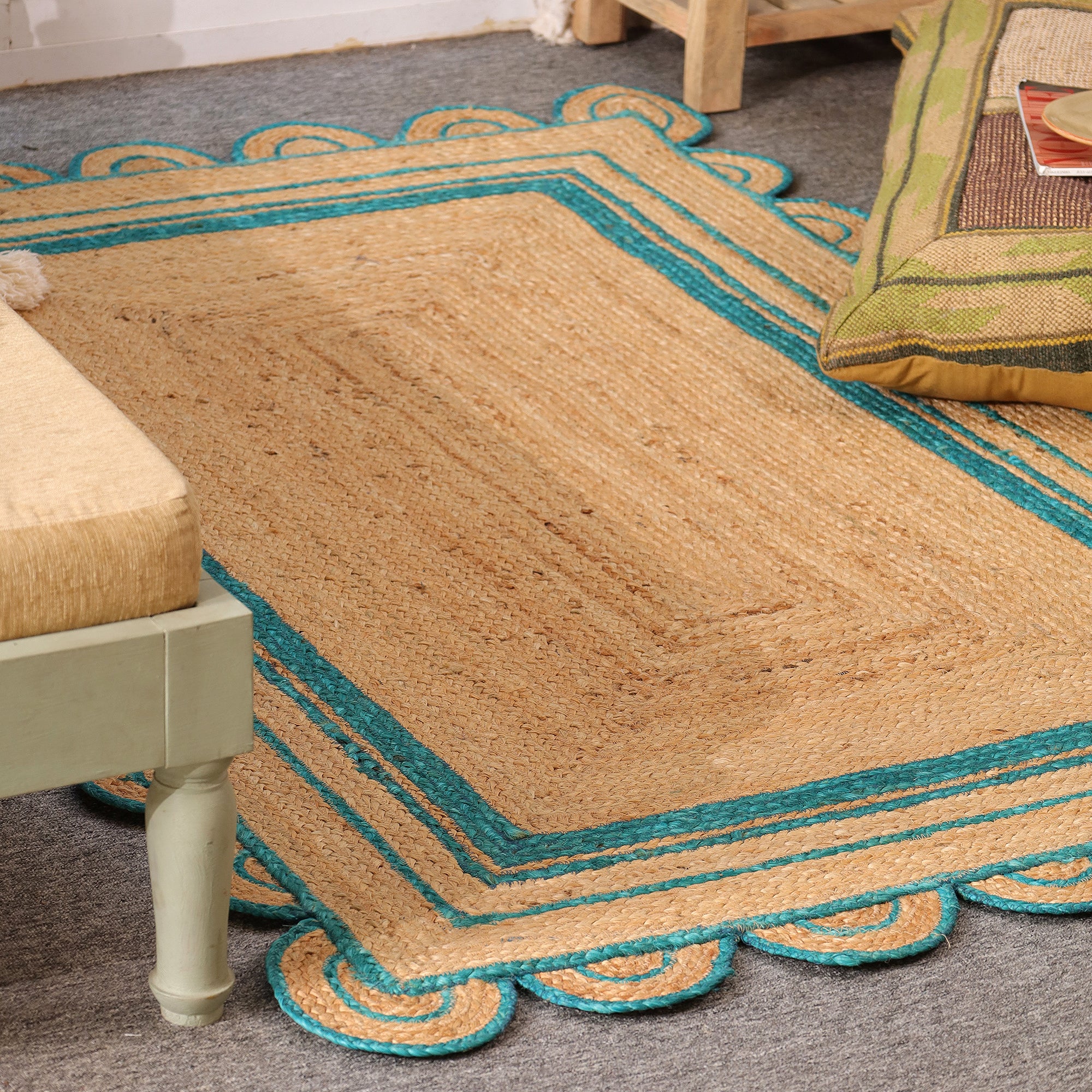Handwoven Natural Jute Area Rug with Teal Scalloped Border Boho Farmhouse Indoor Rug
