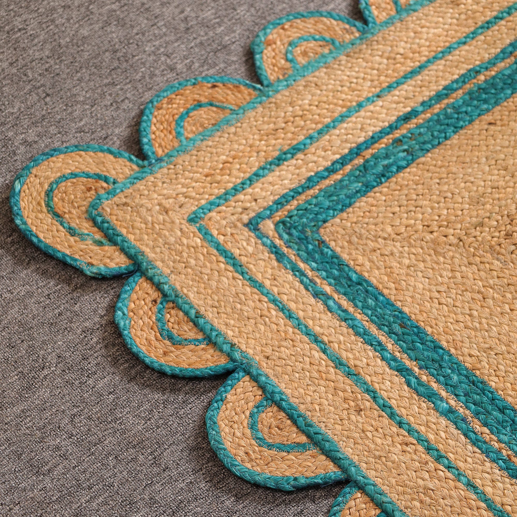 Handwoven Natural Jute Area Rug with Teal Scalloped Border Boho Farmhouse Indoor Rug