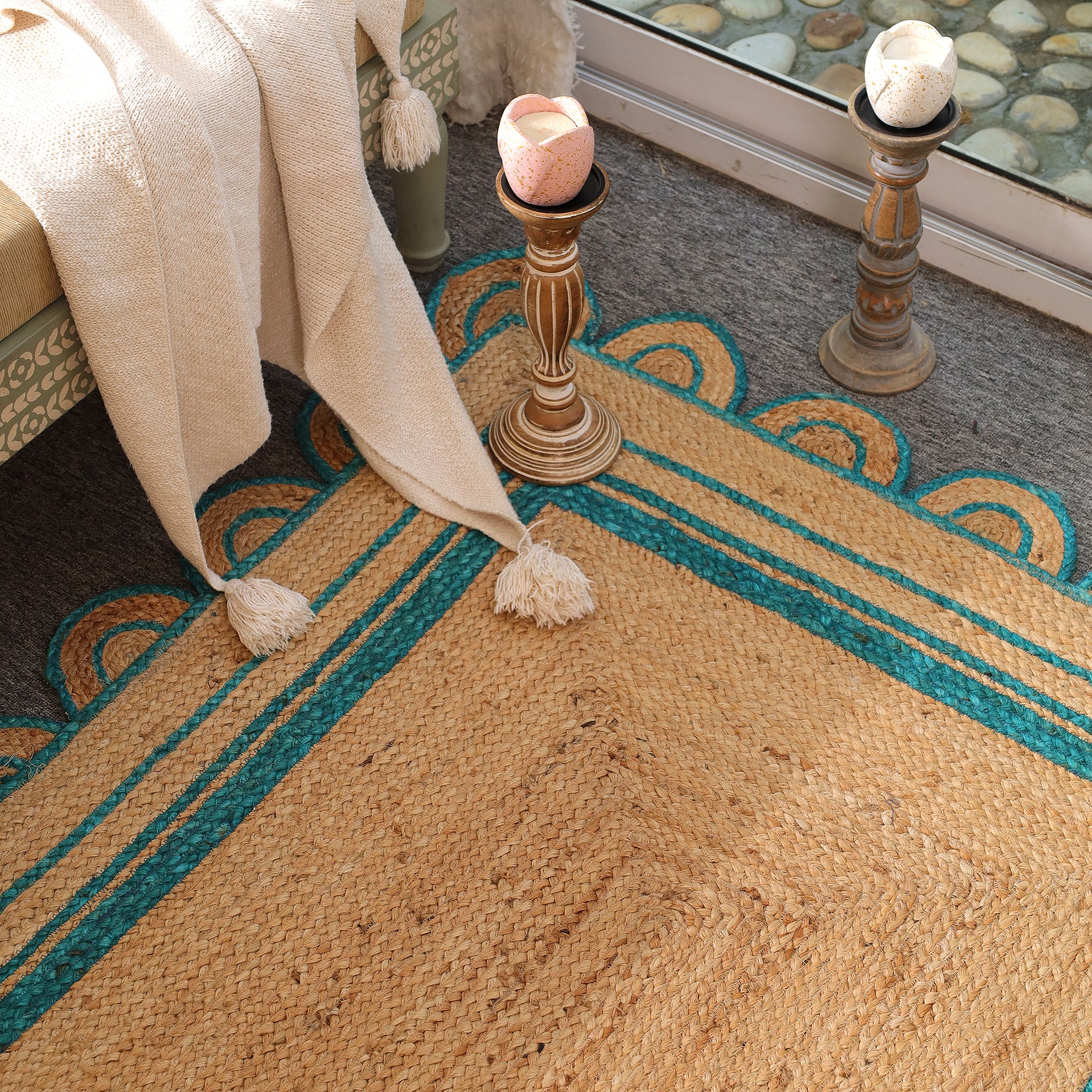Handwoven Natural Jute Area Rug with Teal Scalloped Border Boho Farmhouse Indoor Rug