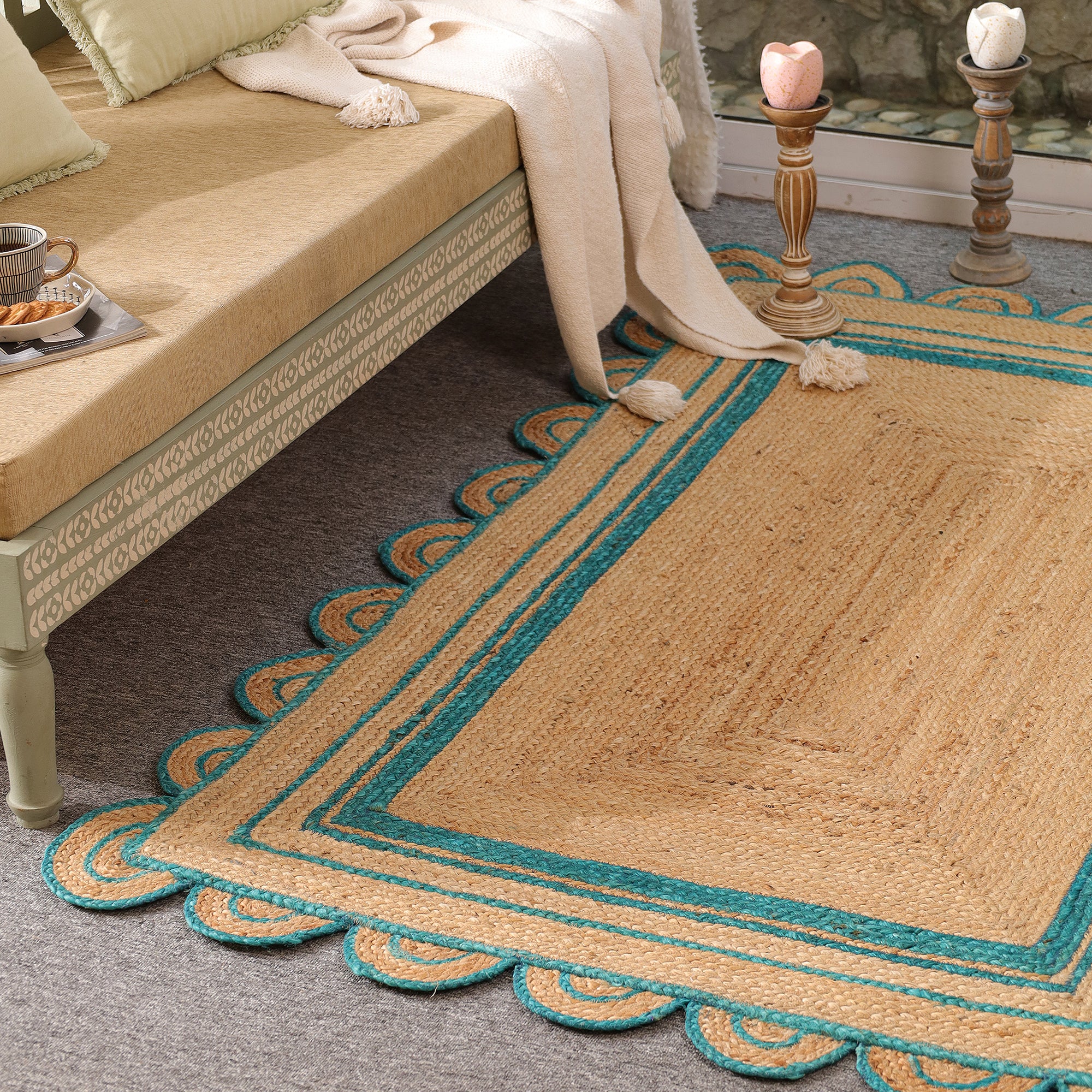 Handwoven Natural Jute Area Rug with Teal Scalloped Border Boho Farmhouse Indoor Rug