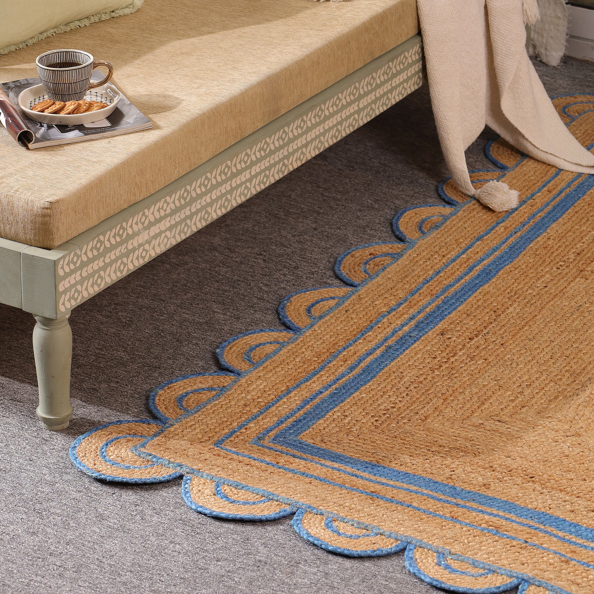 Handwoven Natural Jute Area Rug with Sky Blue Scalloped Border | Farmhouse Boho Indoor Rug