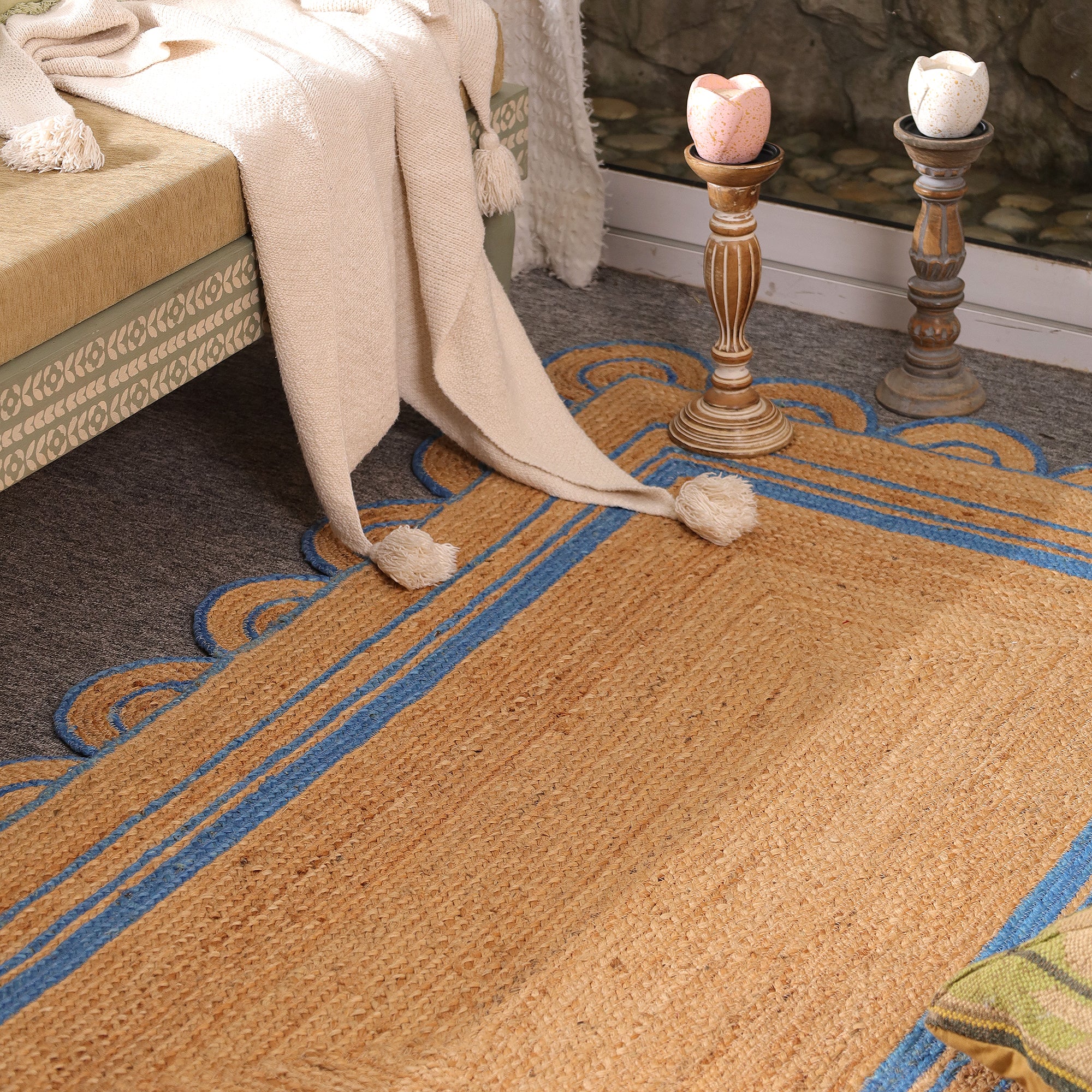Handwoven Natural Jute Area Rug with Sky Blue Scalloped Border | Farmhouse Boho Indoor Rug