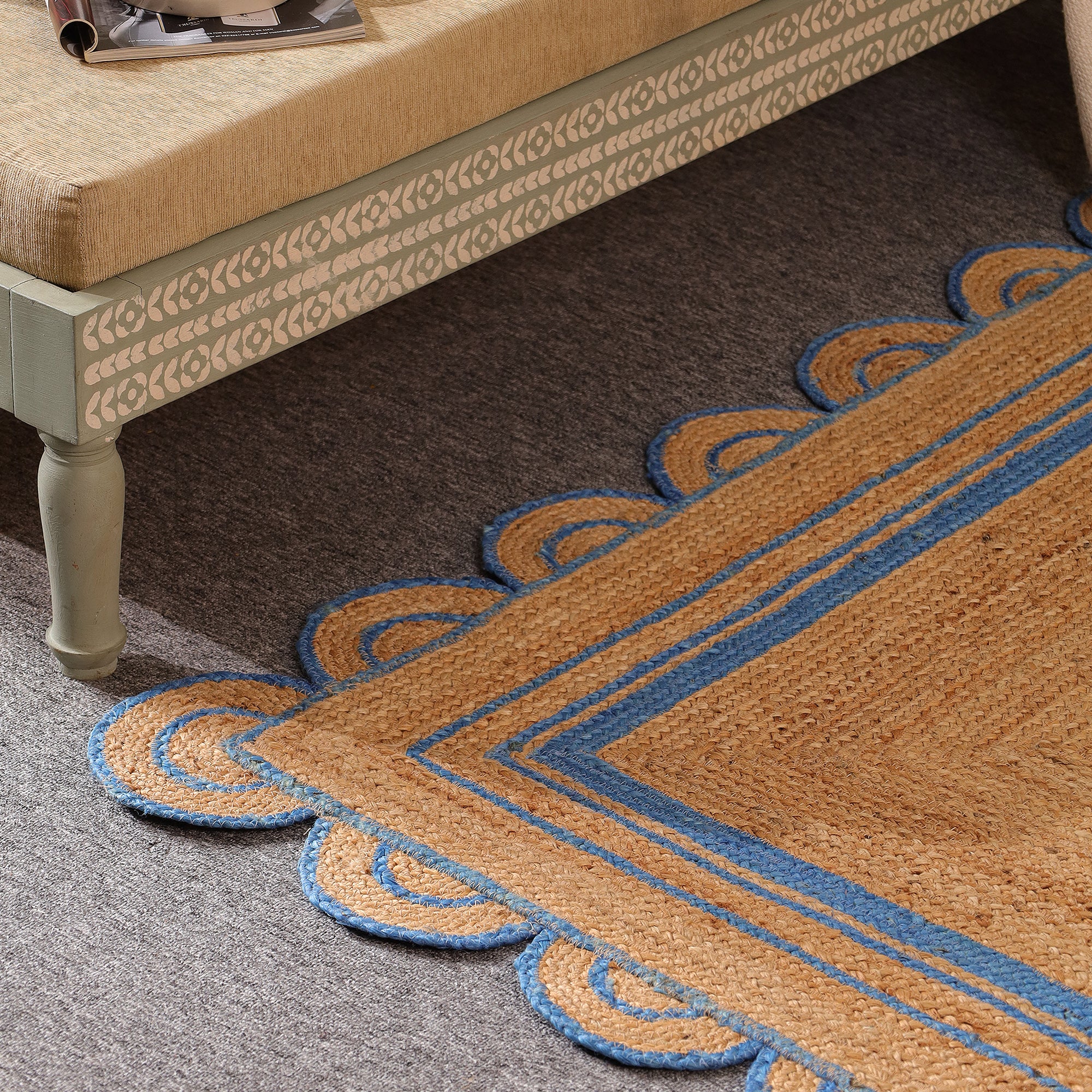 Handwoven Natural Jute Area Rug with Sky Blue Scalloped Border | Farmhouse Boho Indoor Rug