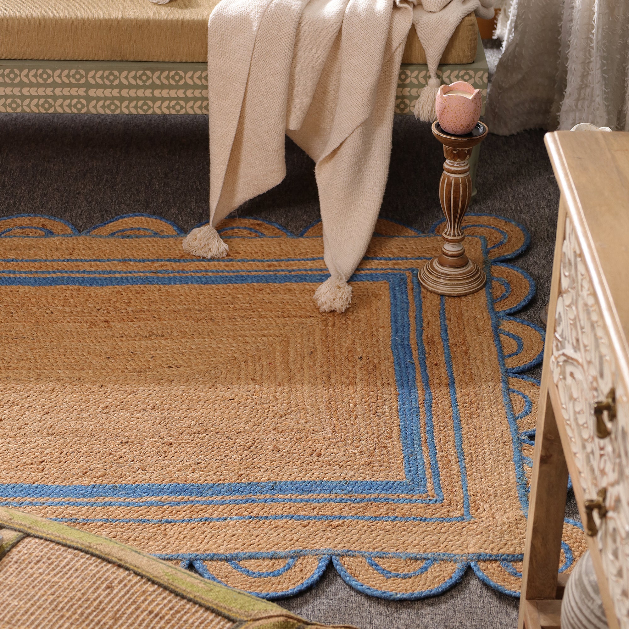 Handwoven Natural Jute Area Rug with Sky Blue Scalloped Border | Farmhouse Boho Indoor Rug
