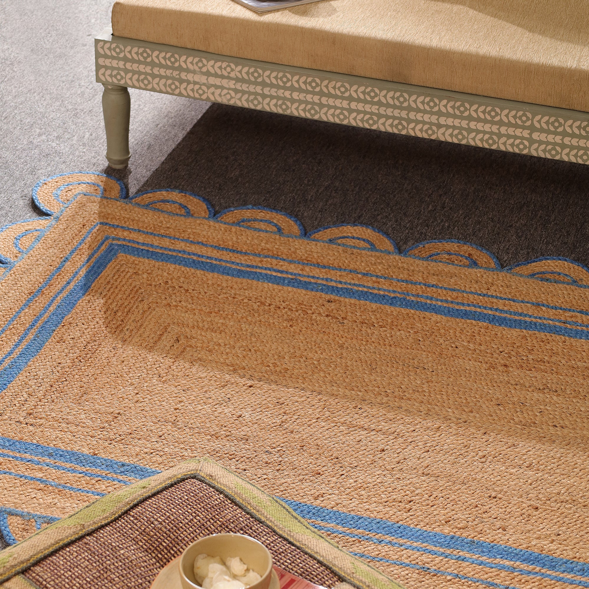 Handwoven Natural Jute Area Rug with Sky Blue Scalloped Border | Farmhouse Boho Indoor Rug