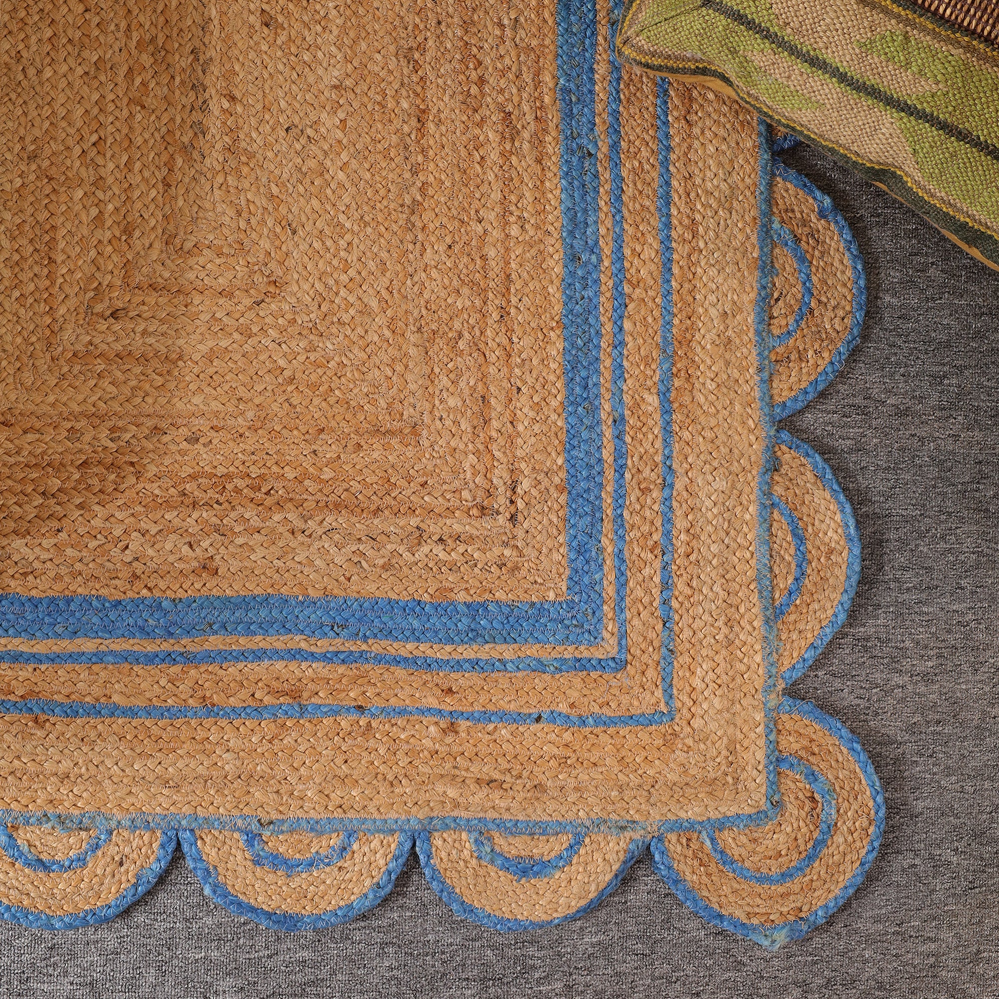 Handwoven Natural Jute Area Rug with Sky Blue Scalloped Border | Farmhouse Boho Indoor Rug